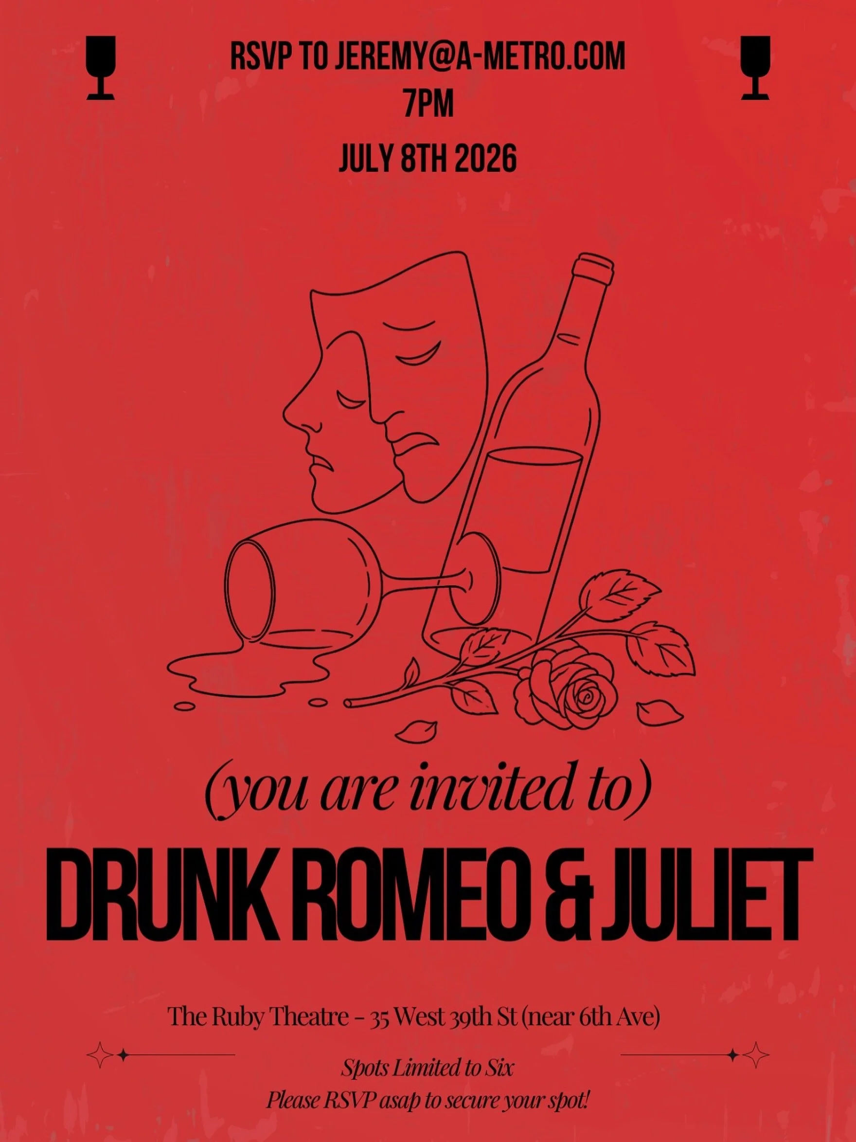 Join us for a Drunk Romeo &amp; Juliet show with a-metro 💘

6 @ 6 | July 8 | 7:00PM | The Ruby Theater 

Our monthly series &mdash; 6 @ 6 &mdash; brings together 6 industry friends during the first week of every month at 6PM(ish) for a unique experi