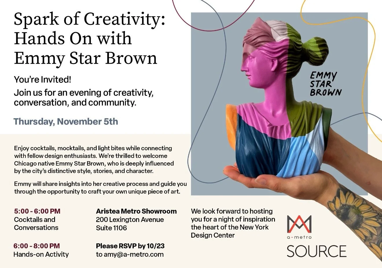 You&rsquo;re Invited! Join us for an evening of creativity, conversation, and community with Source &amp; Emmy Star Brown ✨

A-Metro Showroom @ NYDC
Thursday, Nov 5th | 5-8PM

RSVP to amy@a-metro.com 

#sourceinternational #emmystarbrown #nydc #ametr