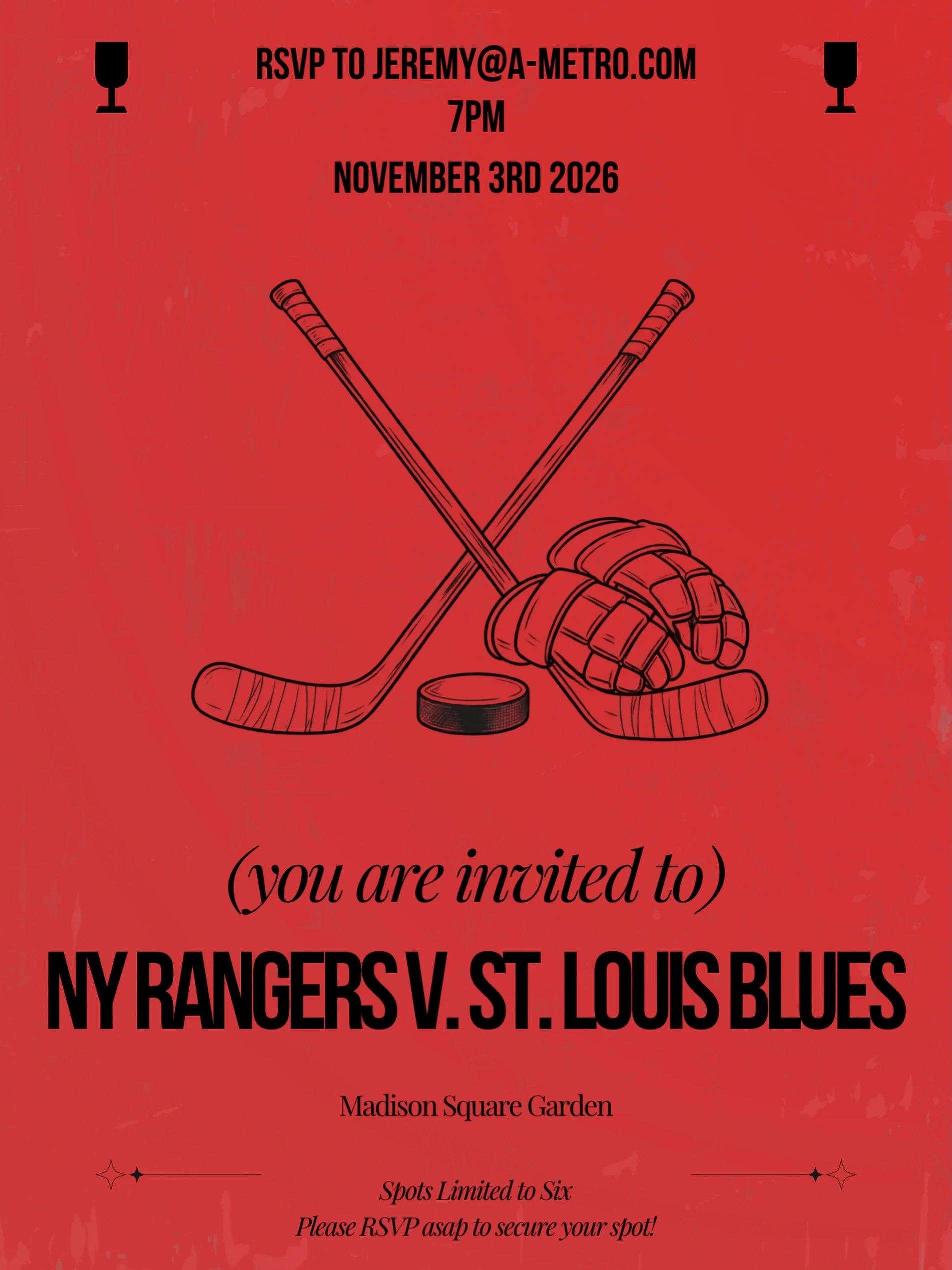 6 @ 6 is back with an event you won&rsquo;t want to miss! 

Join us for the NY Rangers vs St Louis Blues 🏒

November 3rd | 7 PM | Madison Square Garden

Our monthly series &mdash; 6 @ 6 &mdash; brings together 6 industry friends on the first Tuesday