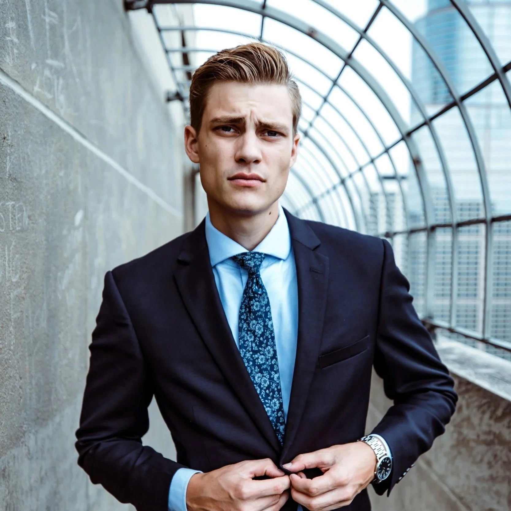 A young man in a dark suit and blue tie standing in an enclosed walkway with a curved glass ceiling, looking serious, adjusting his suit jacket.