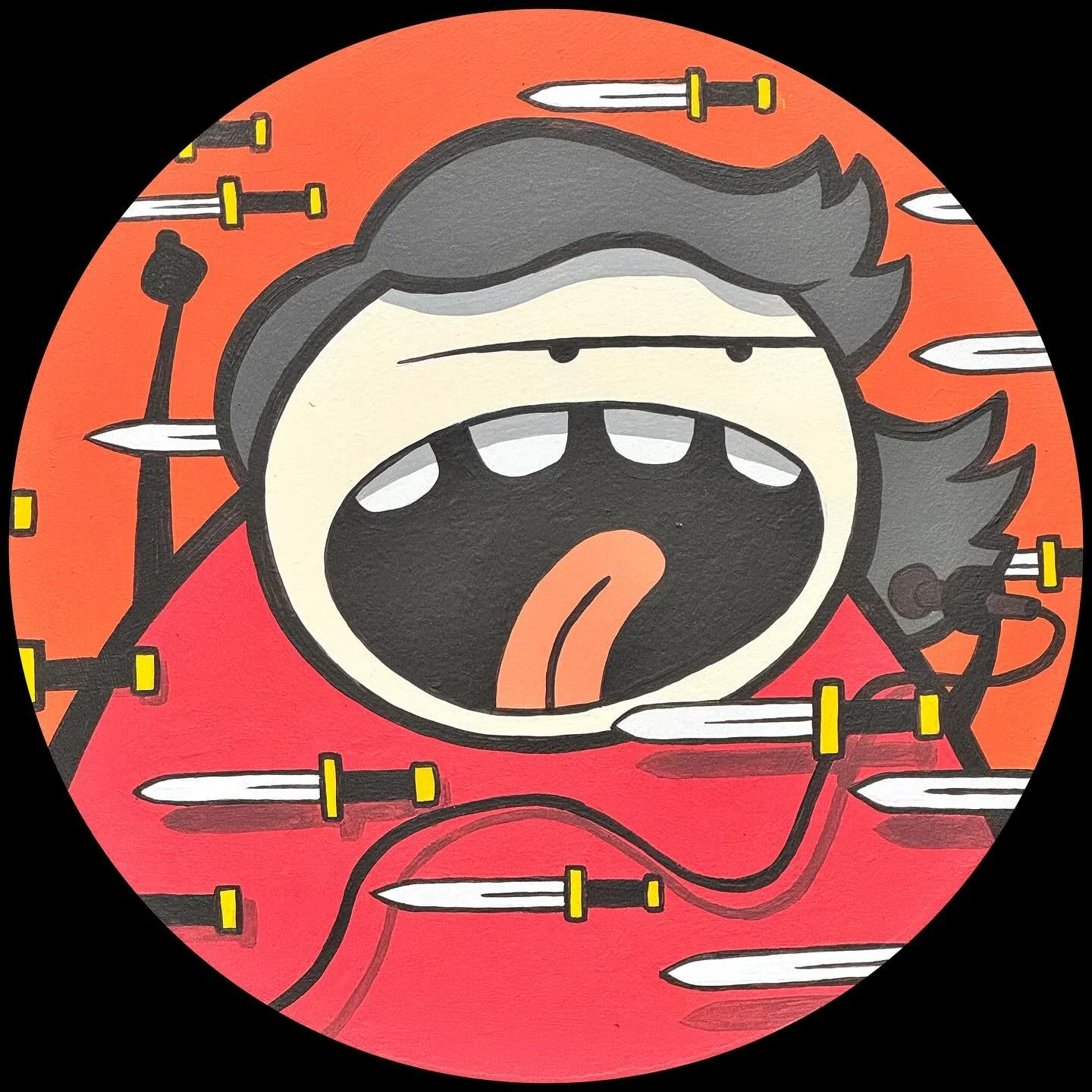 Shield Maneuver | latex paint on 11&rdquo; round panel | Price on request

Part of a series of 14 circle paintings created for exhibition at @934gallery from October 17 to November 15, 2025.