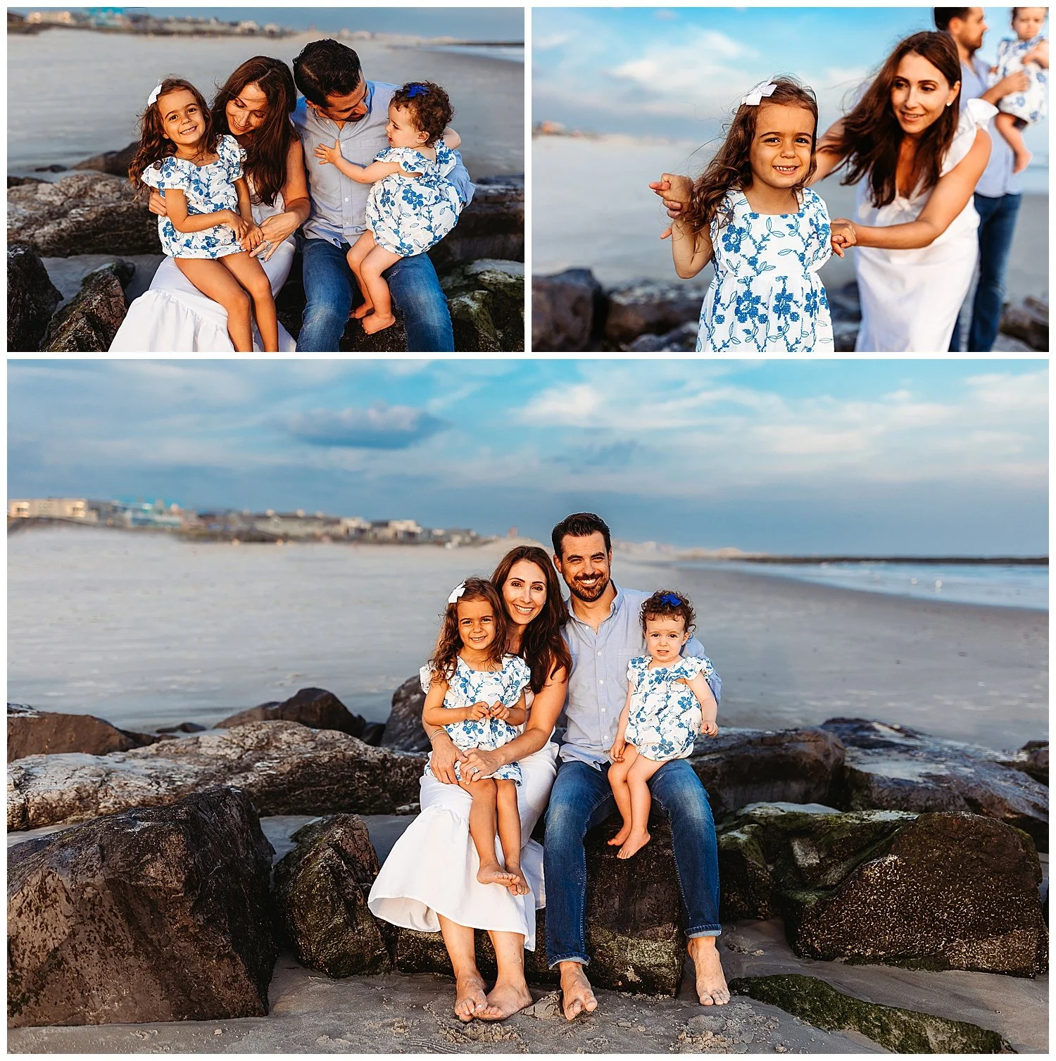 family seated on a jetty wearing blue and white bright blue sky behind them ocean waves laughing