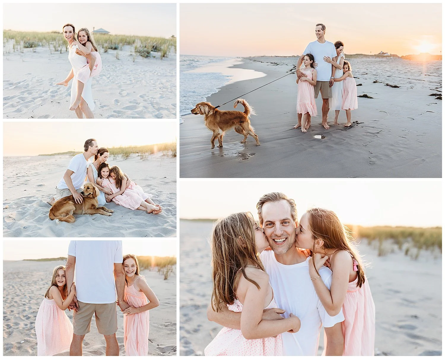 family in white and pink with a golden retriever on the beach at sunset laughing and playing