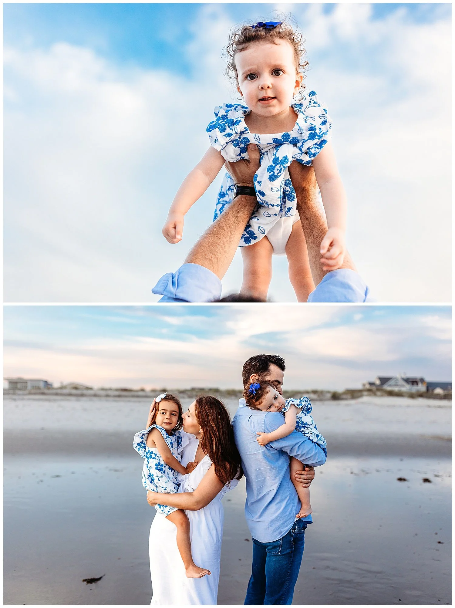 dad holding baby girl in air with blue sky behind her