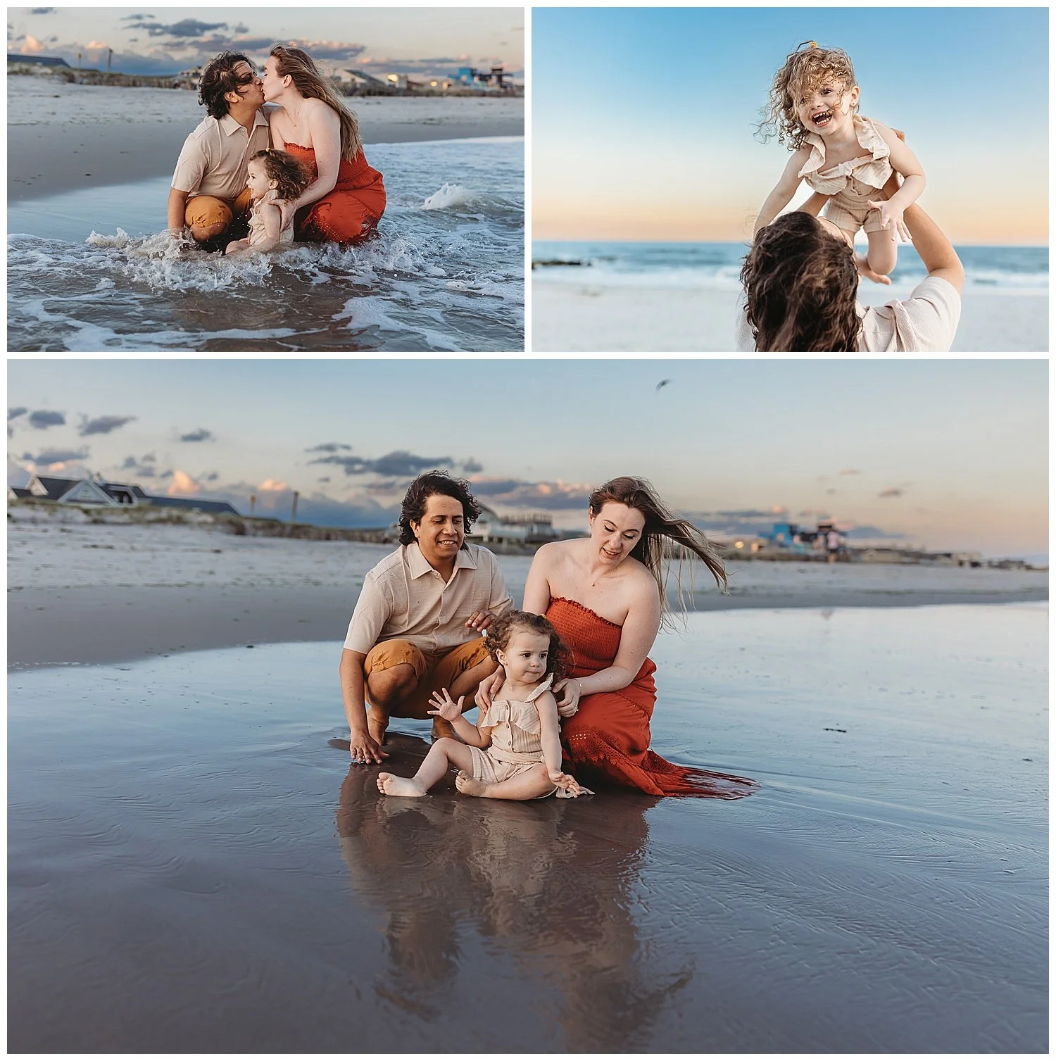 family seated in ocean and reflection in water moody blue and pink clouds in the sky