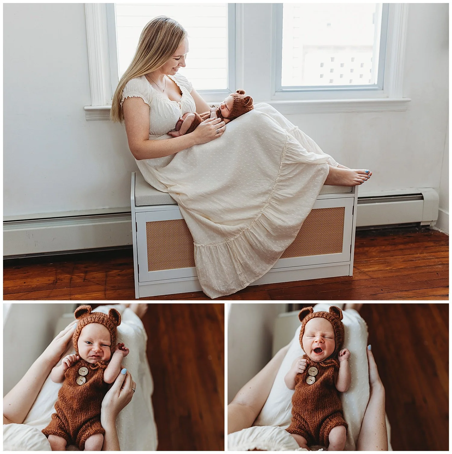 mother seated on ottoman by window baby on lap she is looking at him smiling he is wearing brown crochet jumper