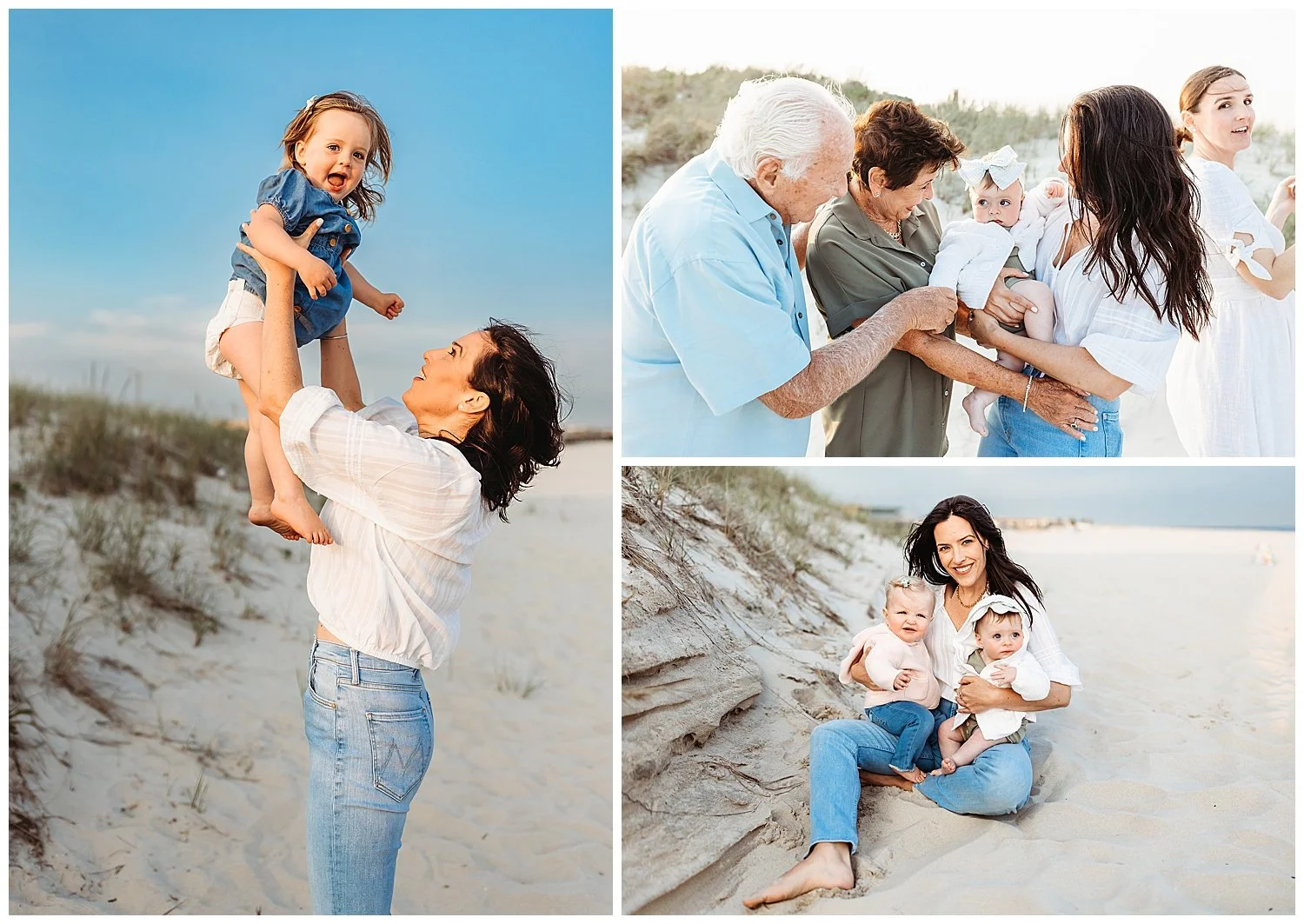 woman dressed in white blouse and jeans holding baby girls while seate don the bach at sunset and throwing the baby girl in denim dress in the air