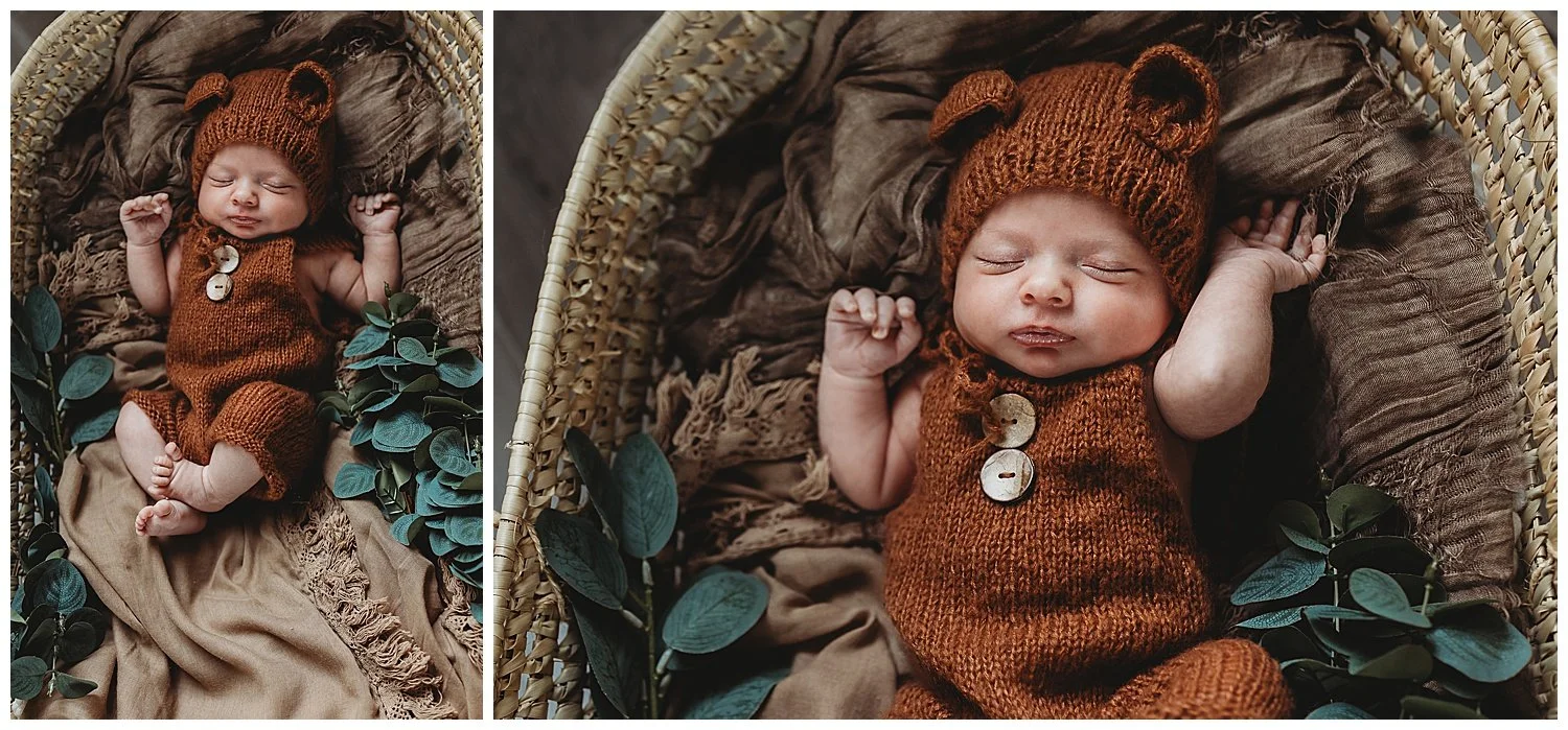 newborn boy in moses basket with eucalyptus in a moses basket wearing a bear knit hap and jumper