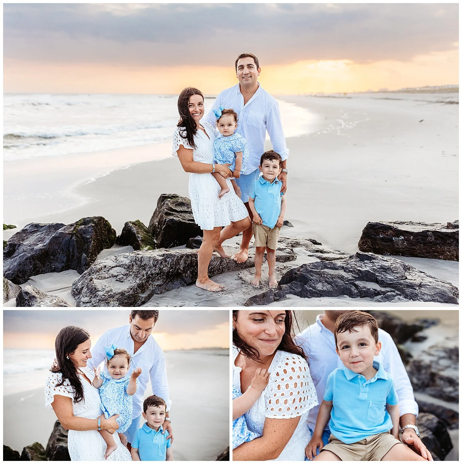 family on the jetty at the beach ocean in background purple and pink sunset looking at camera smiling