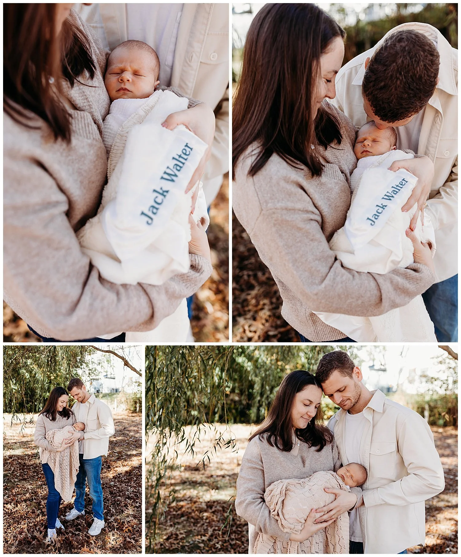 husband kissing newborn abby boy outdoors while mother holds the baby and boho knit blanket