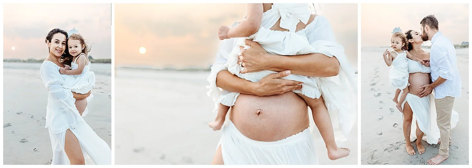 close up of mom's pregnant belly with toddler seated on it sunset on the beach