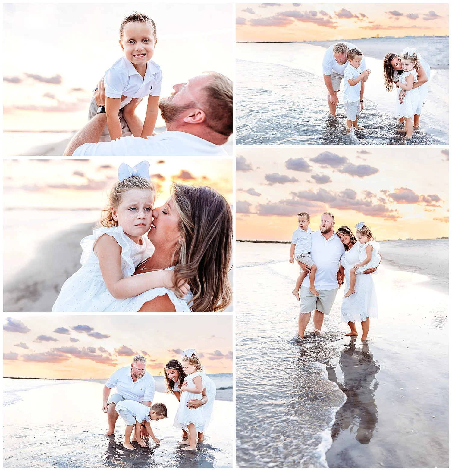 family embraced in the water at the ocean sunset boy being held in the ir by dad and laughing
