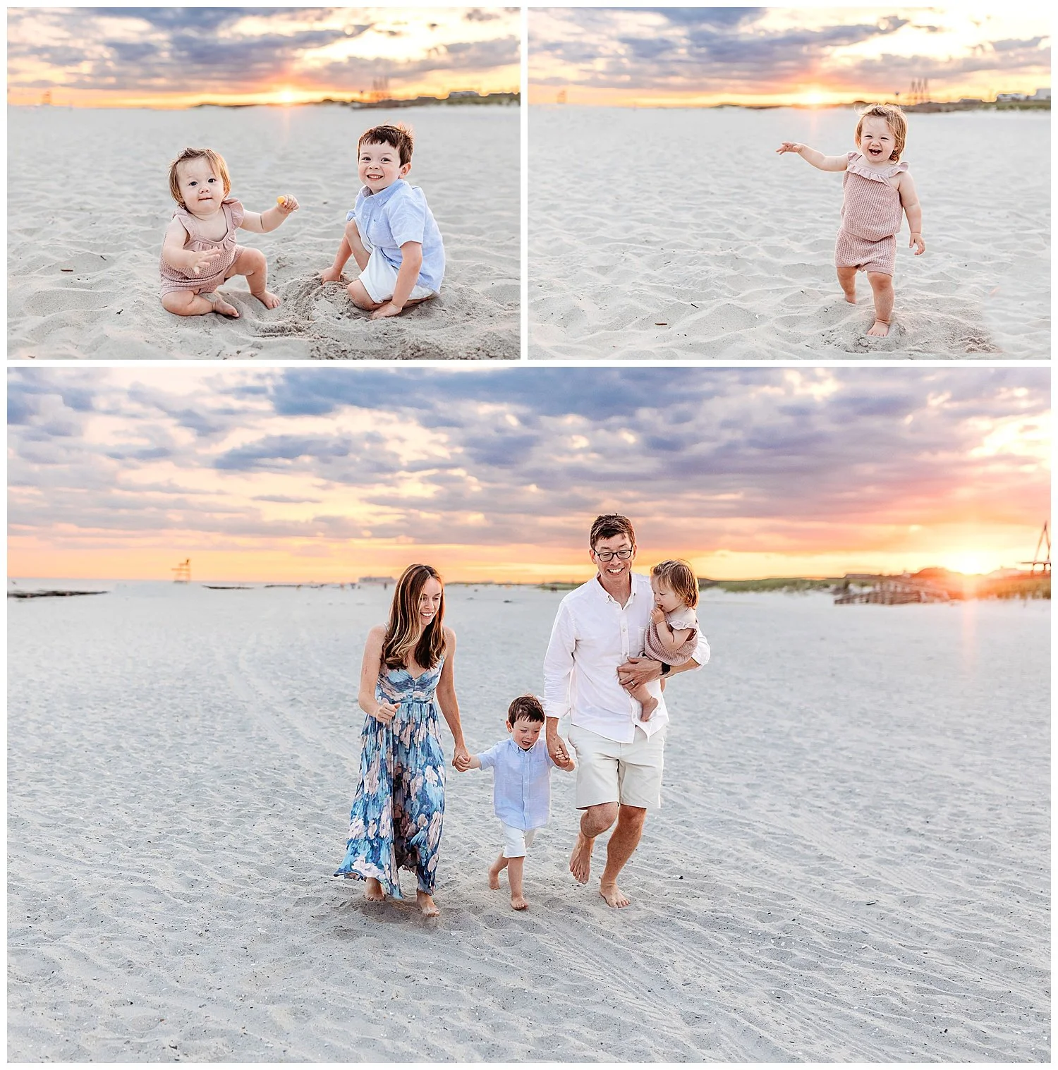 family walking on sand at beach at sunset purple orange and pink glowing sunset sky