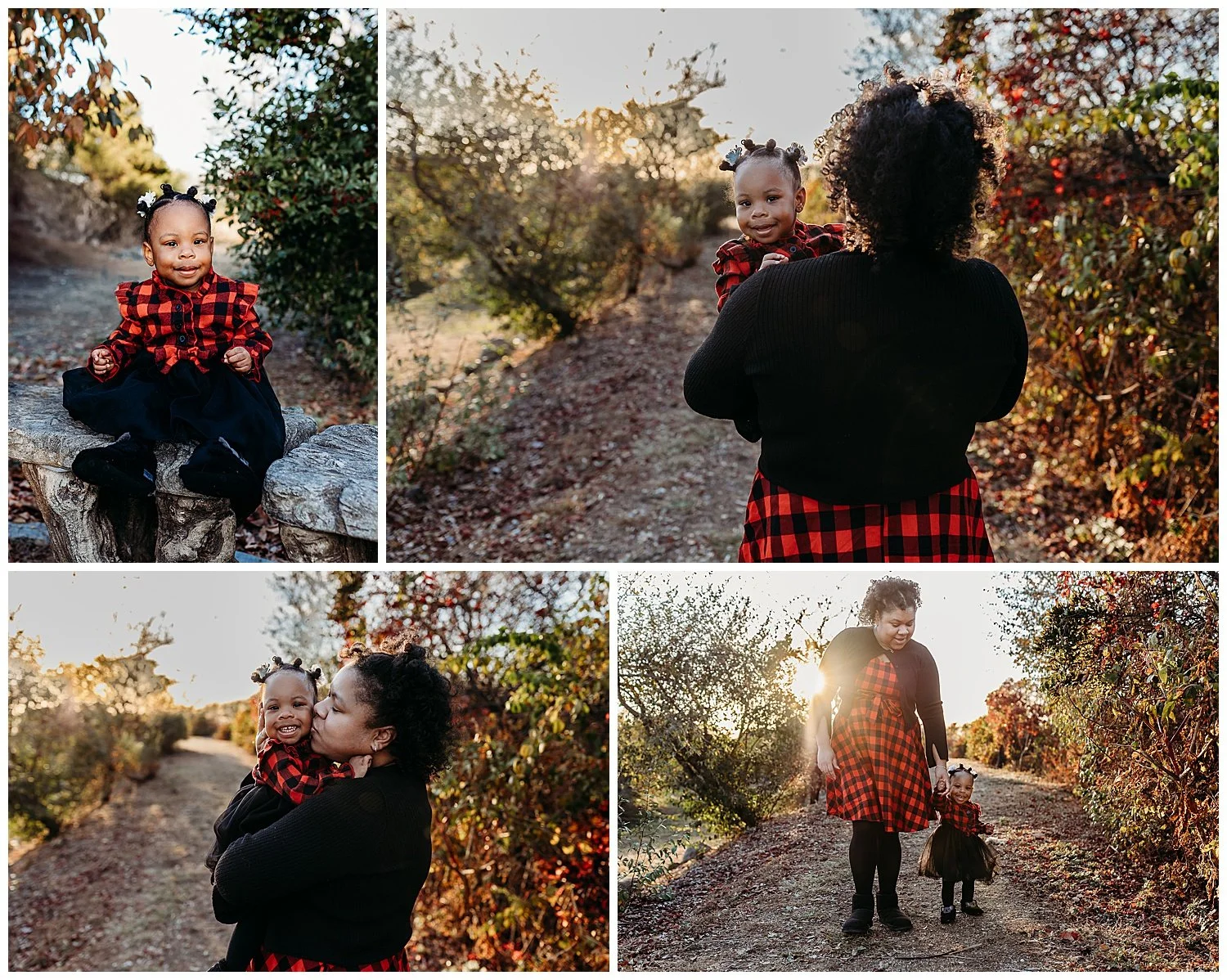 mother and toddler daughter walking along a path at sunset with foliage around them at sunset