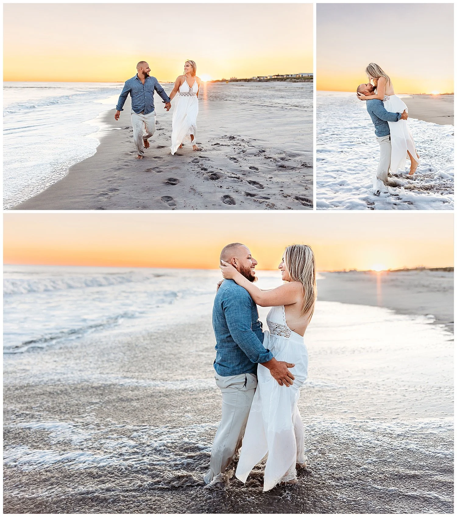 couple running along the ocean shore at sunset looking at each other laughing