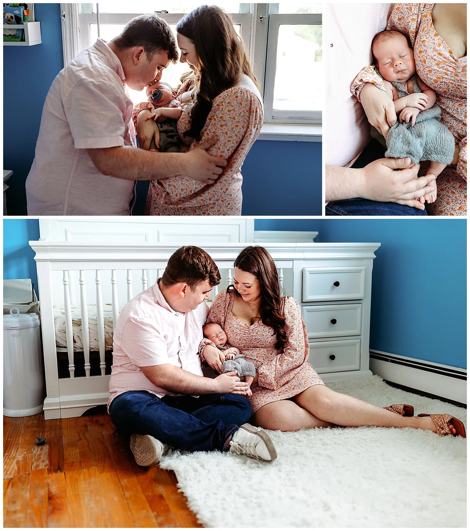 family seated in a nursery in front of the crib on the floor holding baby boy in grey