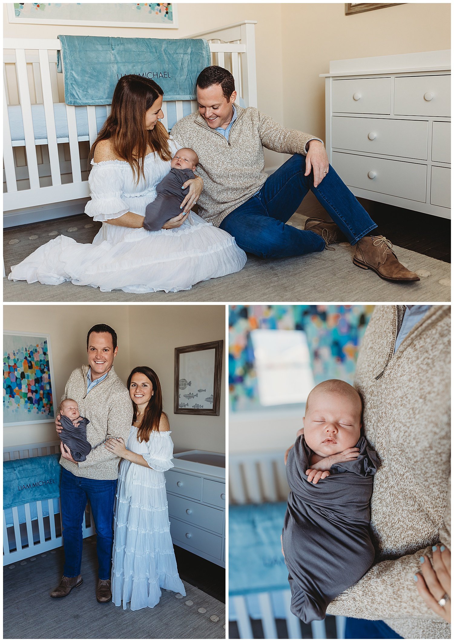 om and dad in baby's nursery holding baby swaddled in grey jersey swaddle mom in white boho maxi dress dad in tan sweater