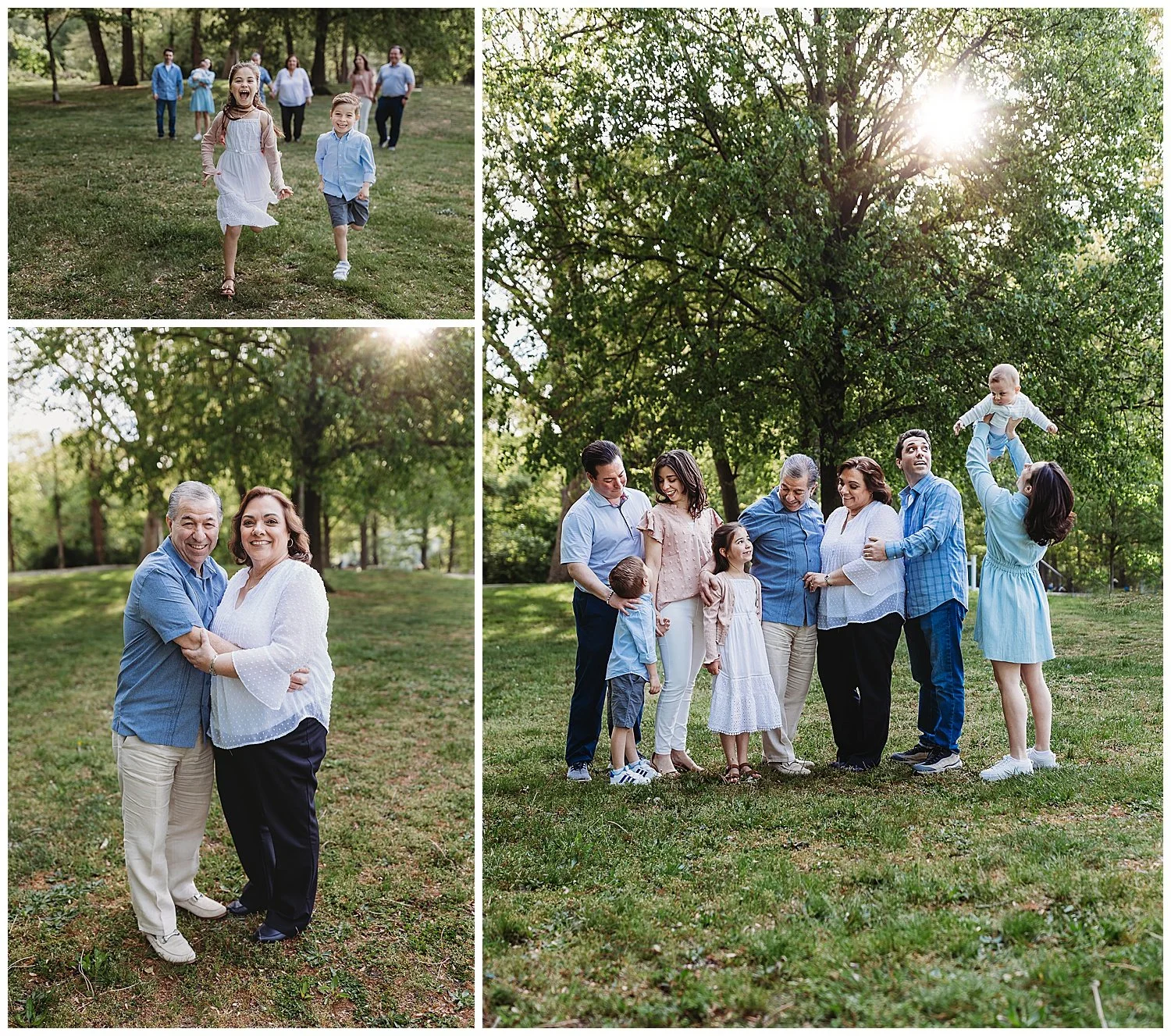 extended family portrait famiy embraced sunset through trees baby in air