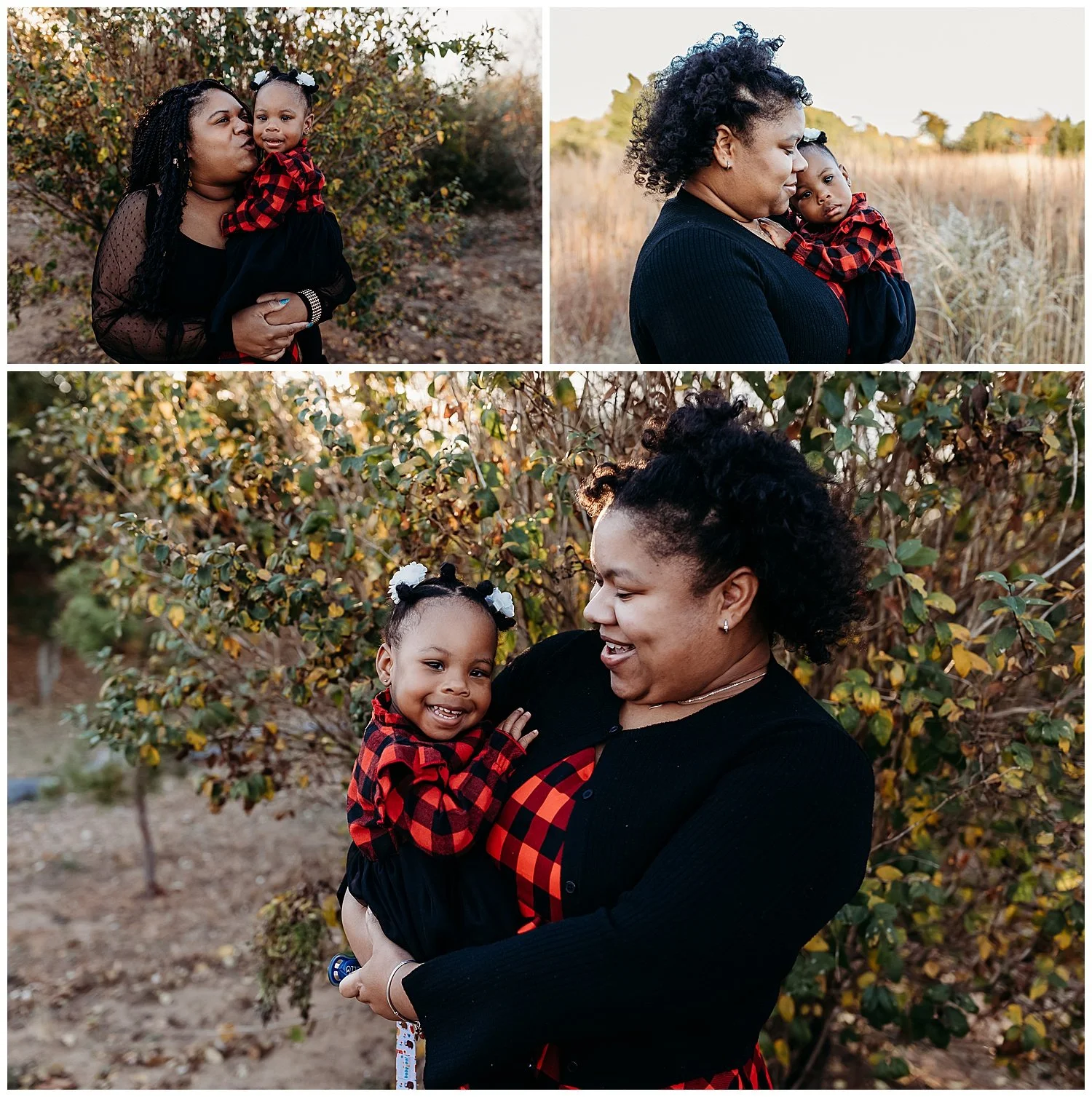 mother in buffalo plaid holding baby girl who is laughing