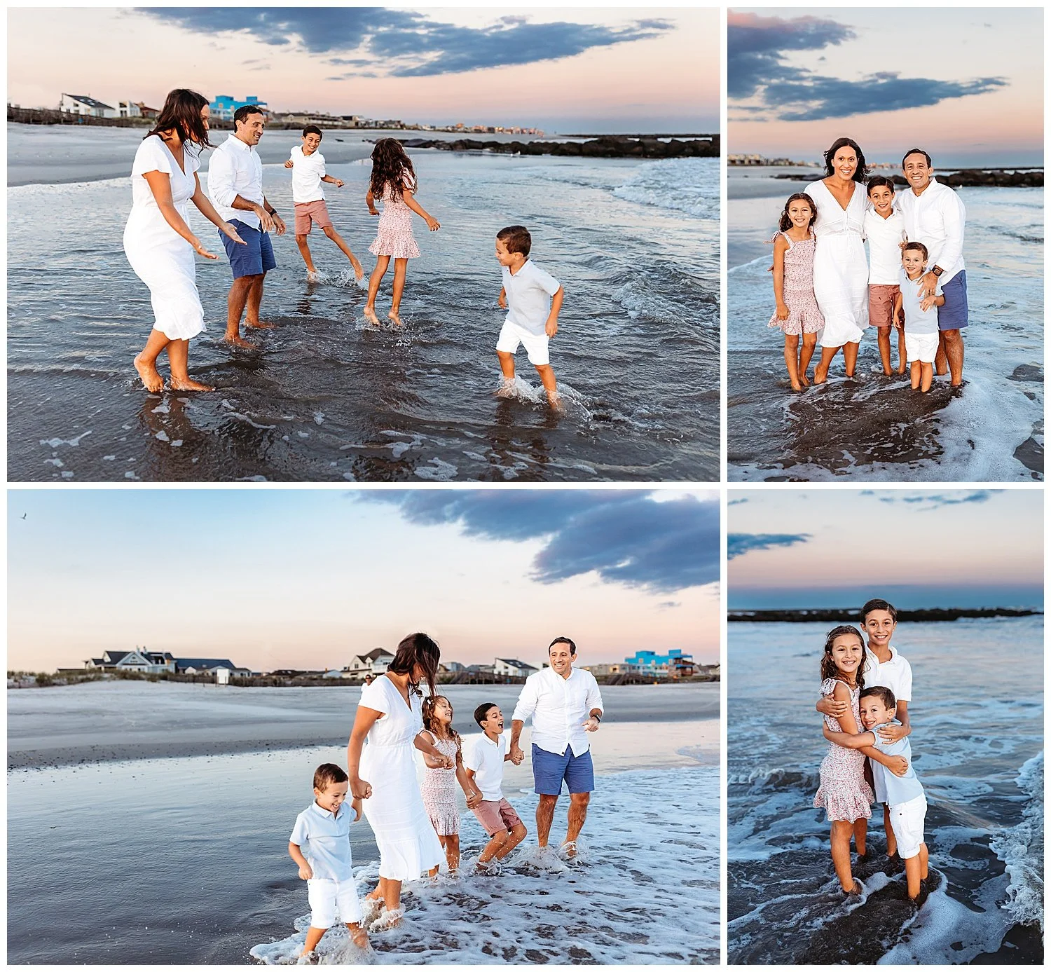 family jumping in the waves of the ocean at sunset and laughing sky is pink orange and blue