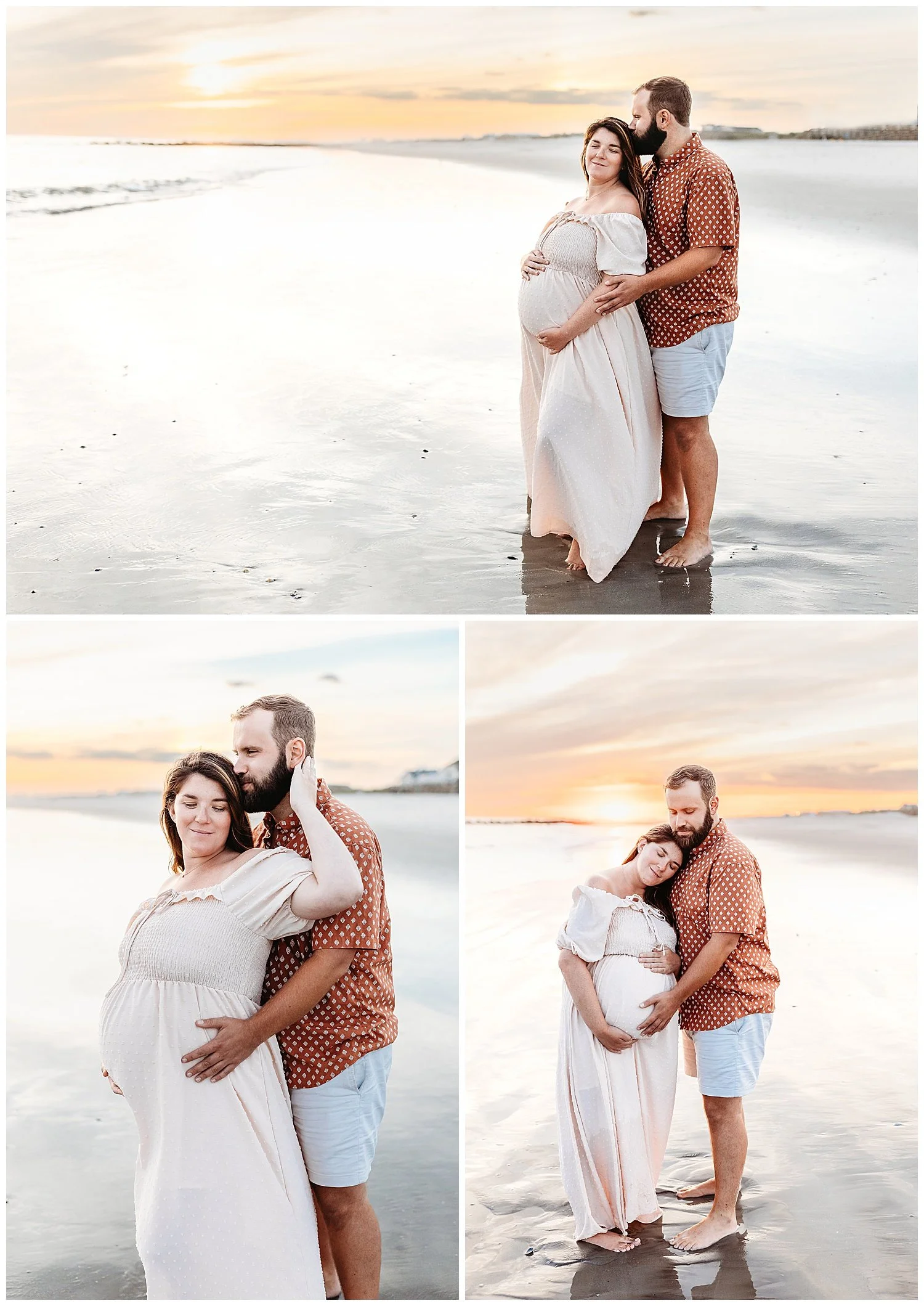 couple embraced on the beach at sunset looking at pregnant belly and snuggled in close sunset on horizon