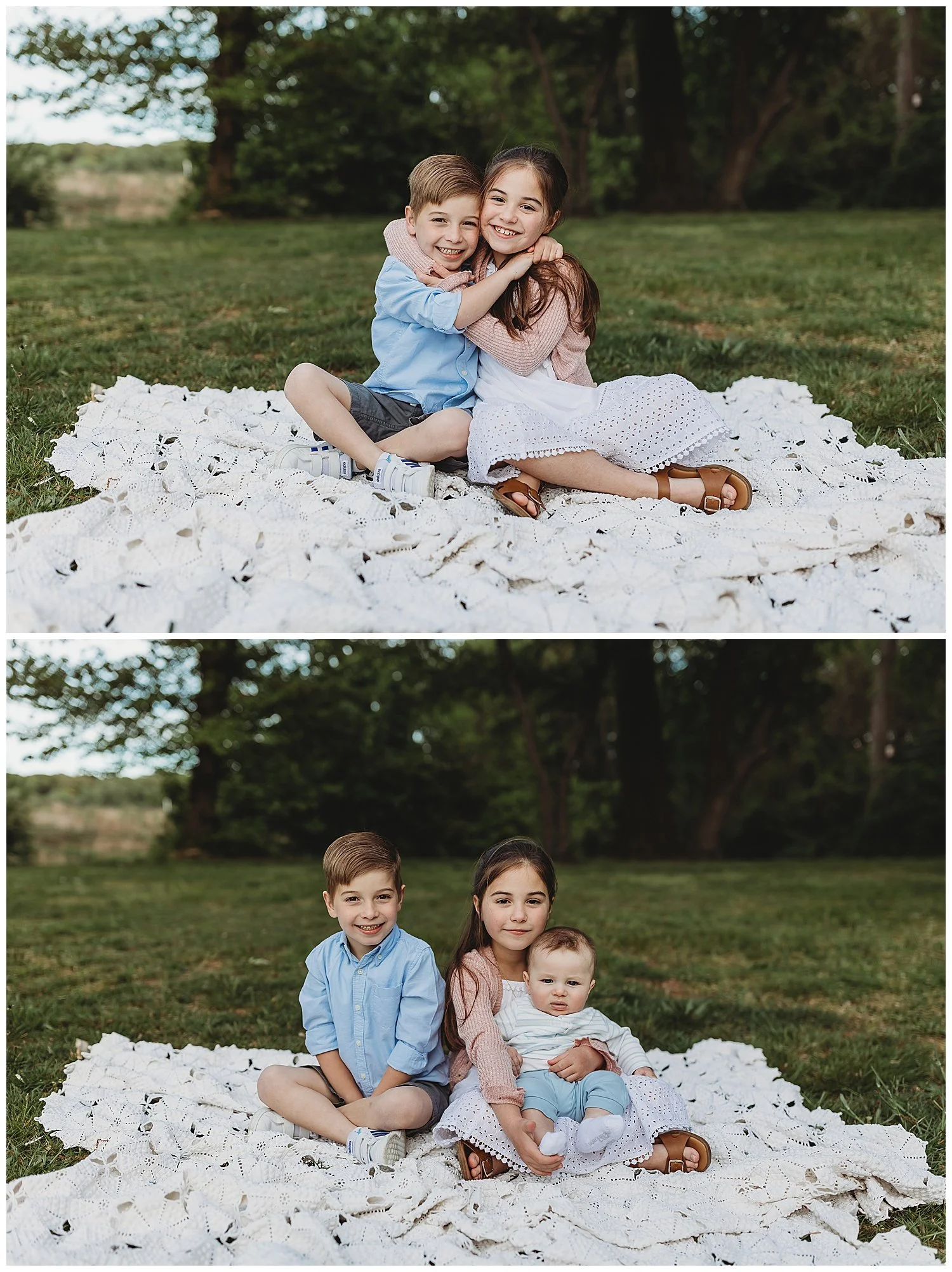 cosuins seated on white crochet blanket at a park holding baby six month old