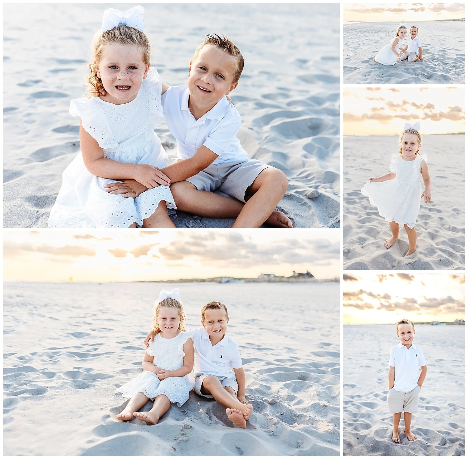 kids playing in the sand and laughing and hugging dressed in white eyelet dress and polo with khaki shorts pink and orange sunset sky