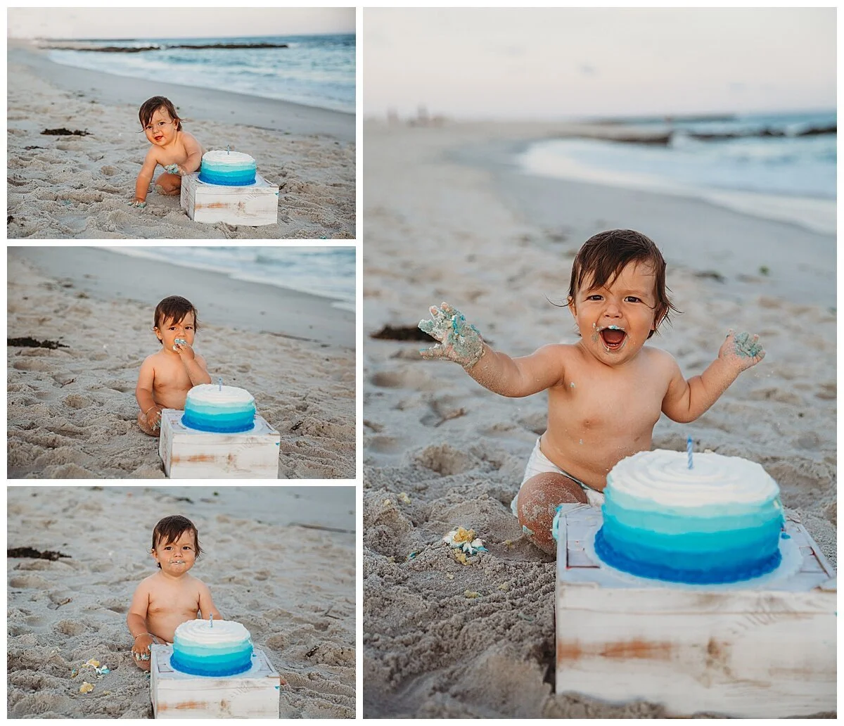 first birthday cake smash on the ocean