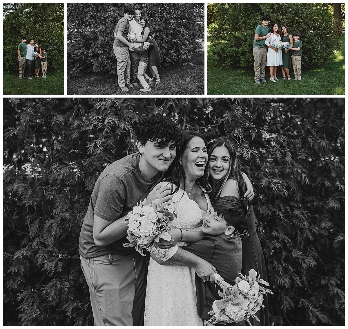 candid family moment during wedding portraits after a yard wedding