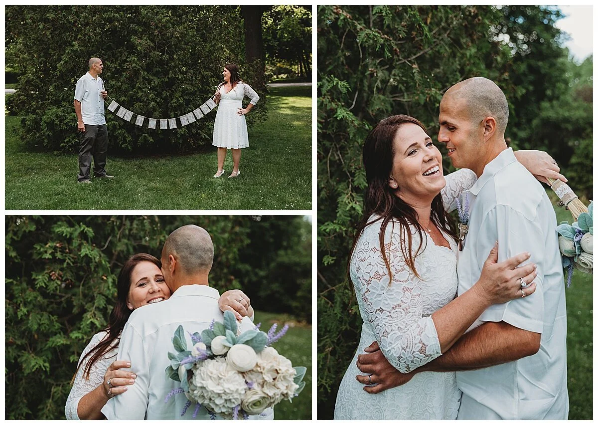 bride peaking over a man's shoulder during wedding portraits