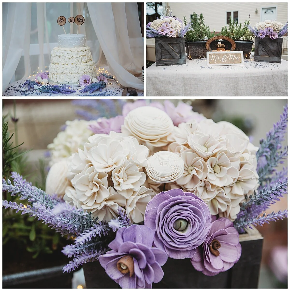 cake, bouquet and letterbox from a wedding table at a yard wedding in Ponte Vedra