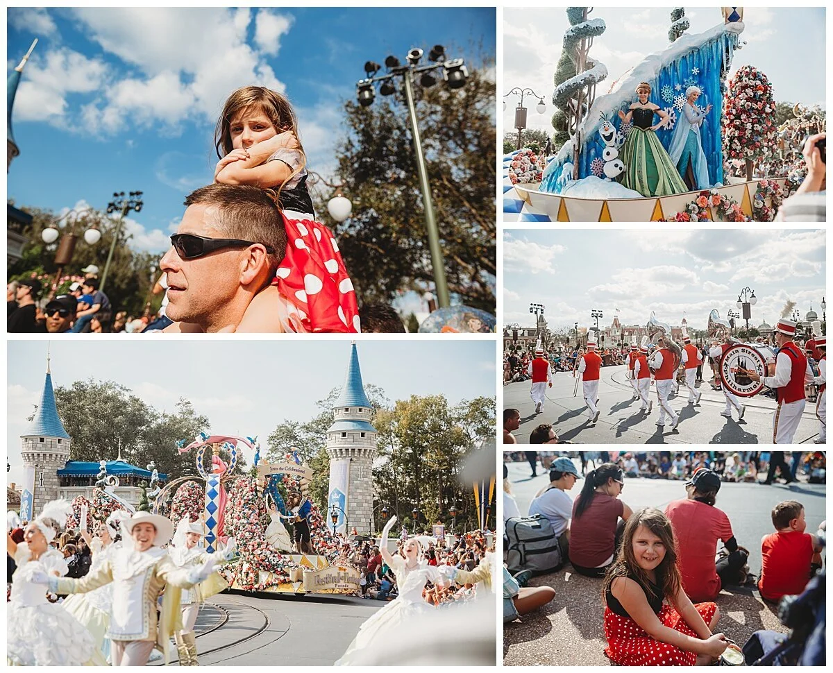 family watching magic kingdom Main Street parade