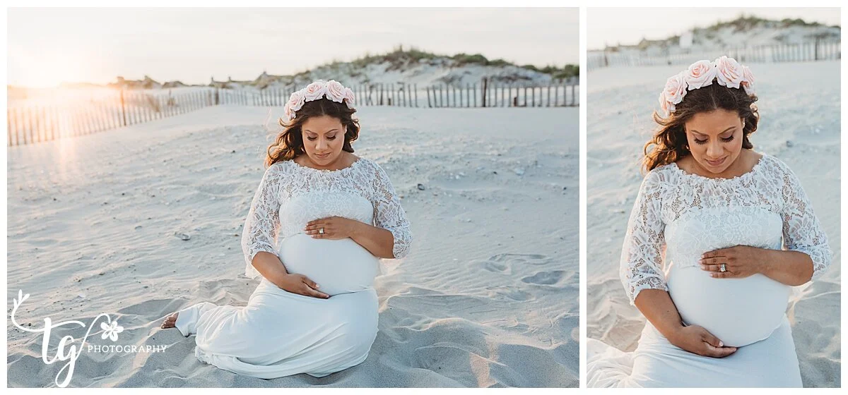 mother Rin a boho ivory lace dress and floral crown on the beach at sunset for maternity portraits