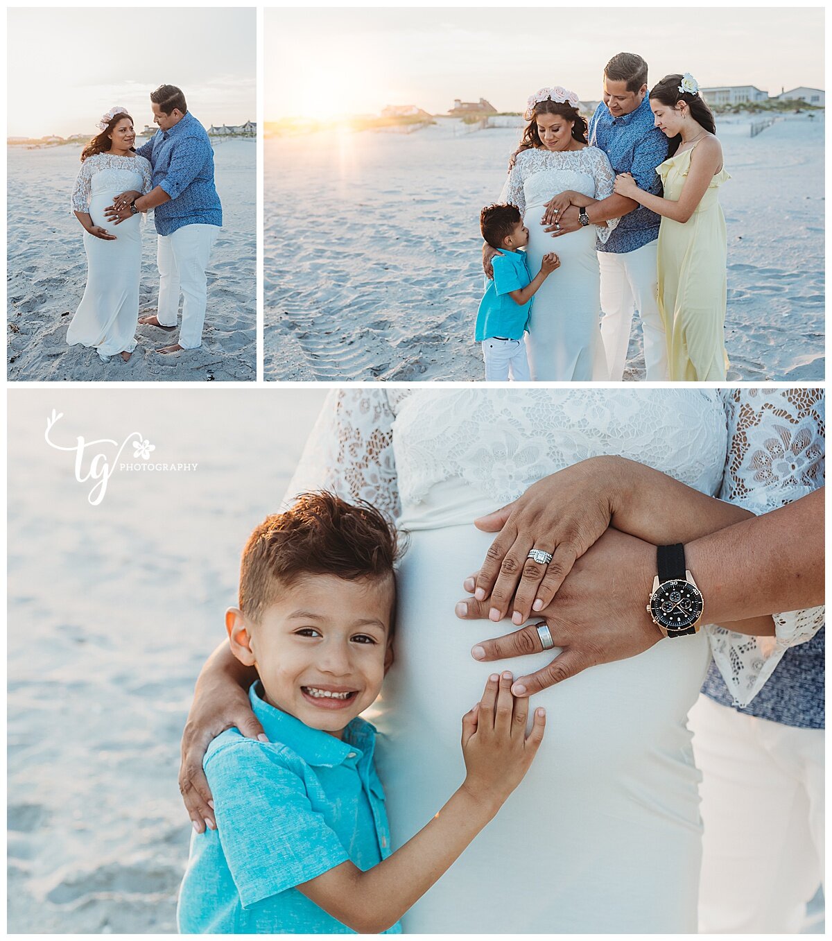 family in teal yellow and blue on the beach at sunset and they are all looking at the baby bump on mom