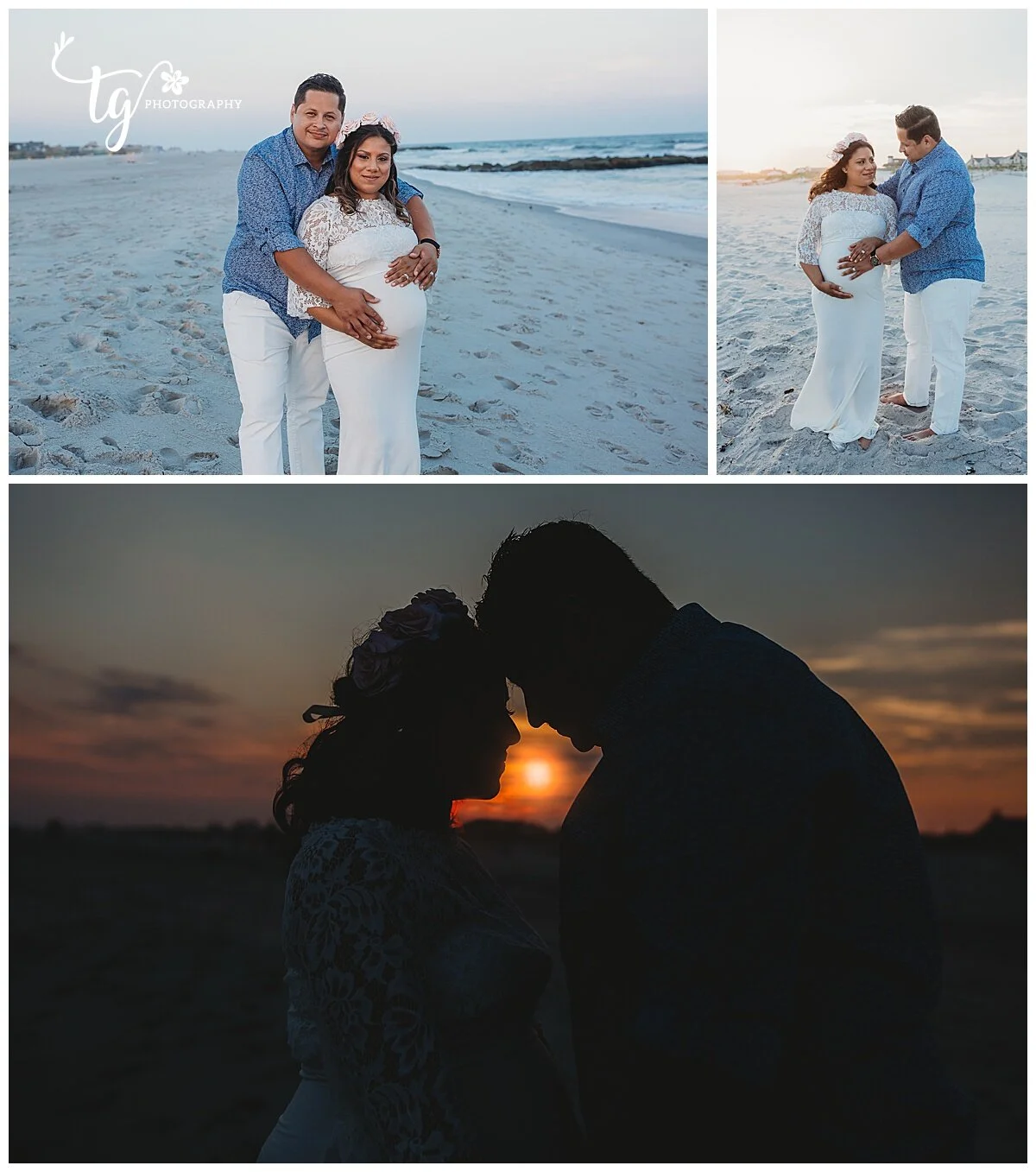 silhouette of a couple leaning had to head on the beach at sunset for maternity photos