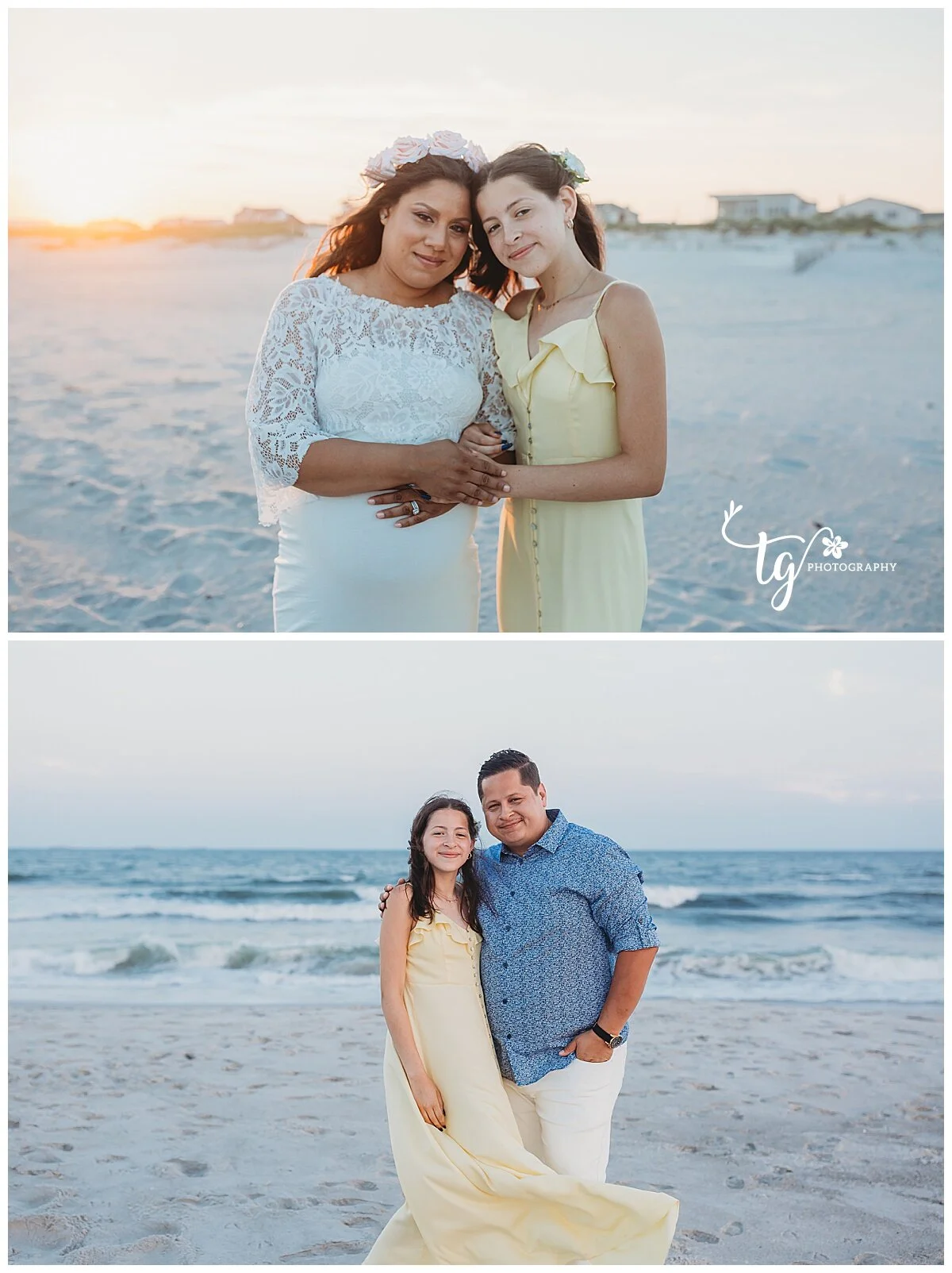 mother and daughter on th beach at sunset for maternity portraits