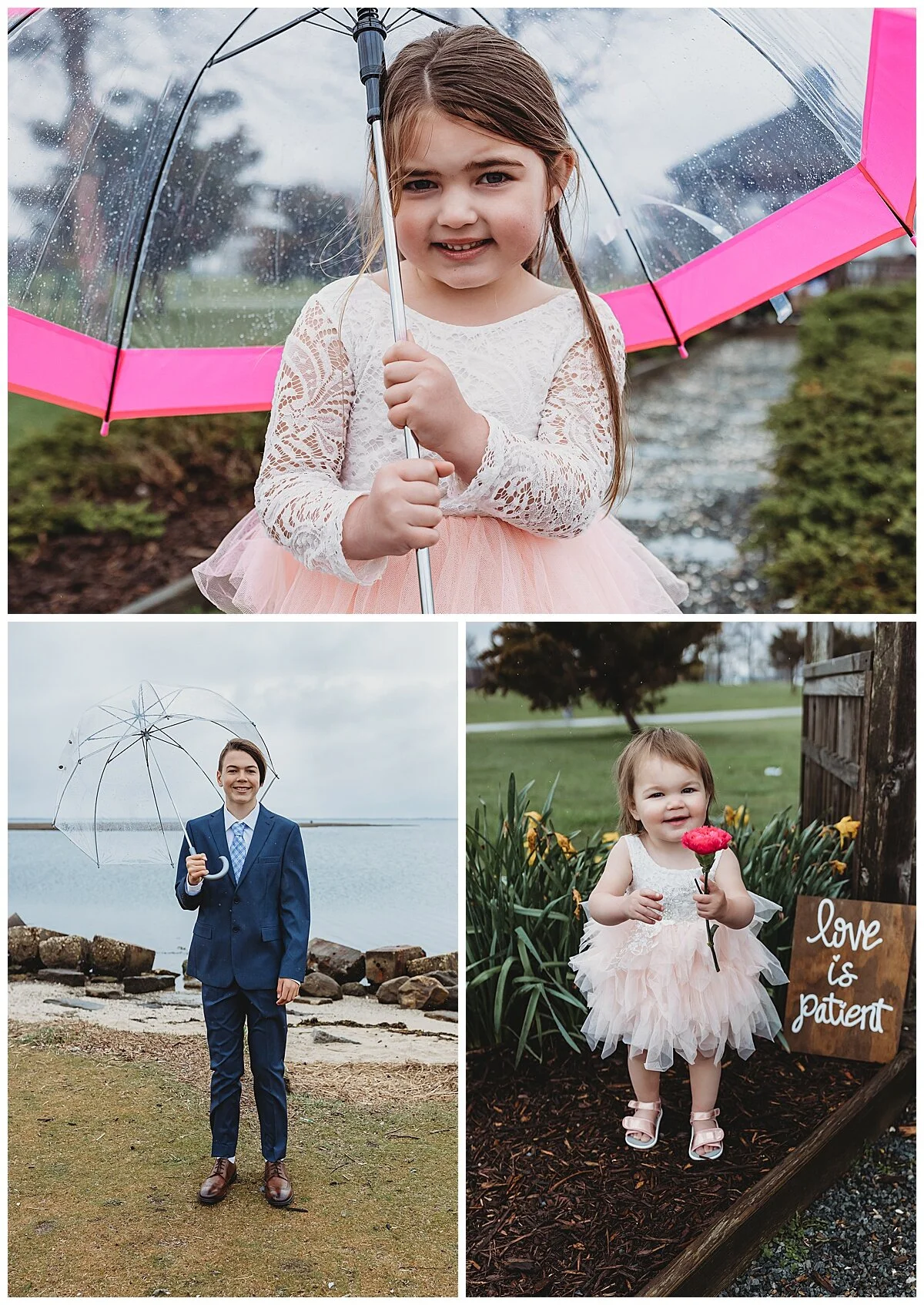 children with umbrellas on wedding day