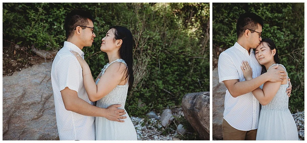 couple embraced right after getting engaged in front of green brushes