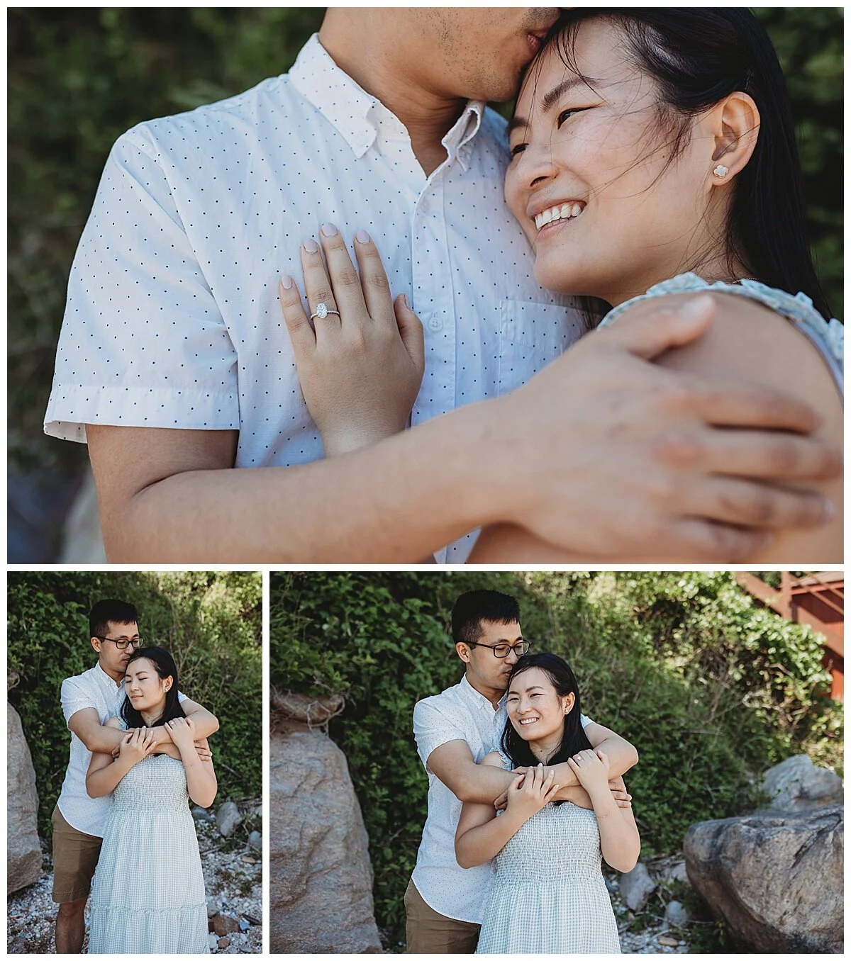 couple hugging and kissing on a rocky beach