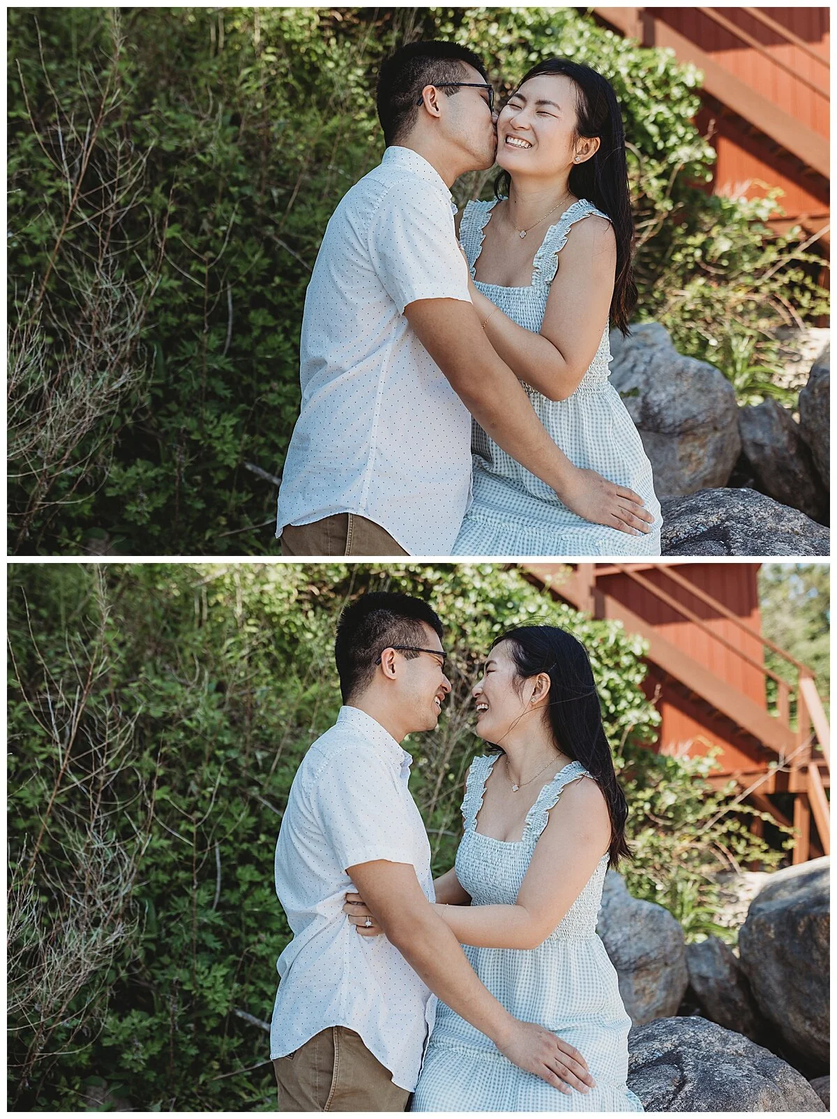 couple kissing and laughing on rocks after getting engaged and during an engagement session on the intracoastal