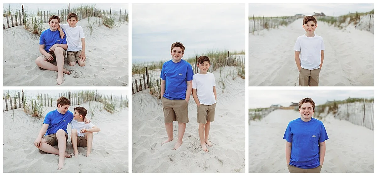 boys on the beach dressed in white and blue in the dunes