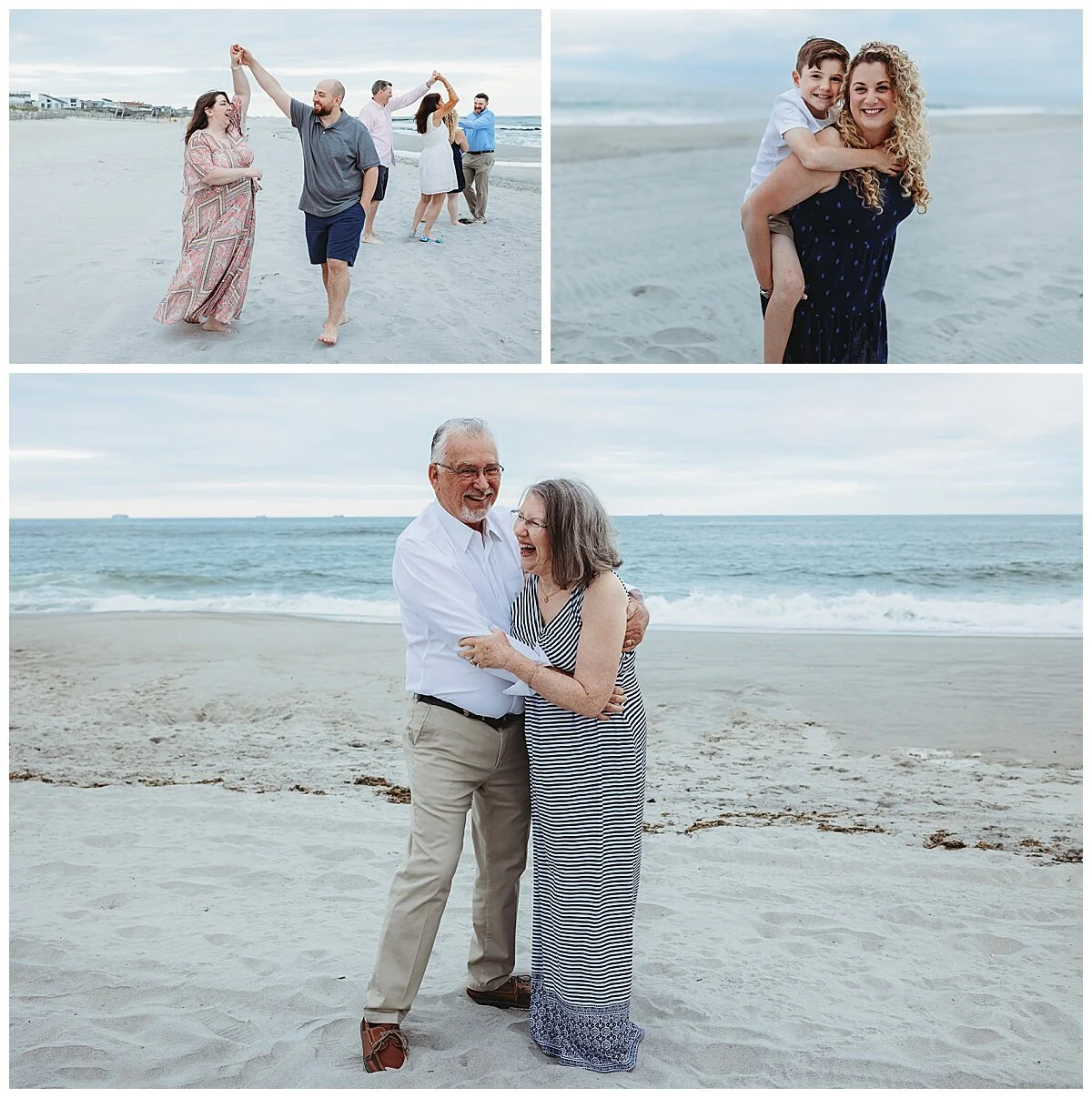 family dancing and laughing on the beach for candid and relaxed photos