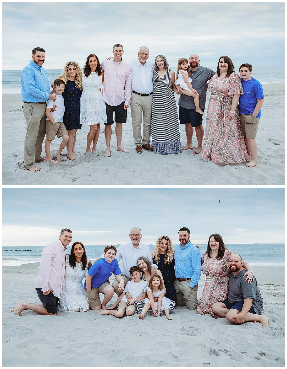 traditional famiy portrait on the beach in pink blue and white color palette