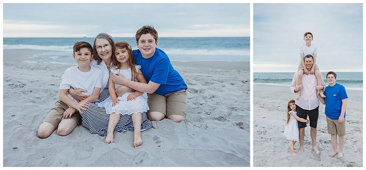 grandchildren hugging grandmother on the sand in front of the ocean