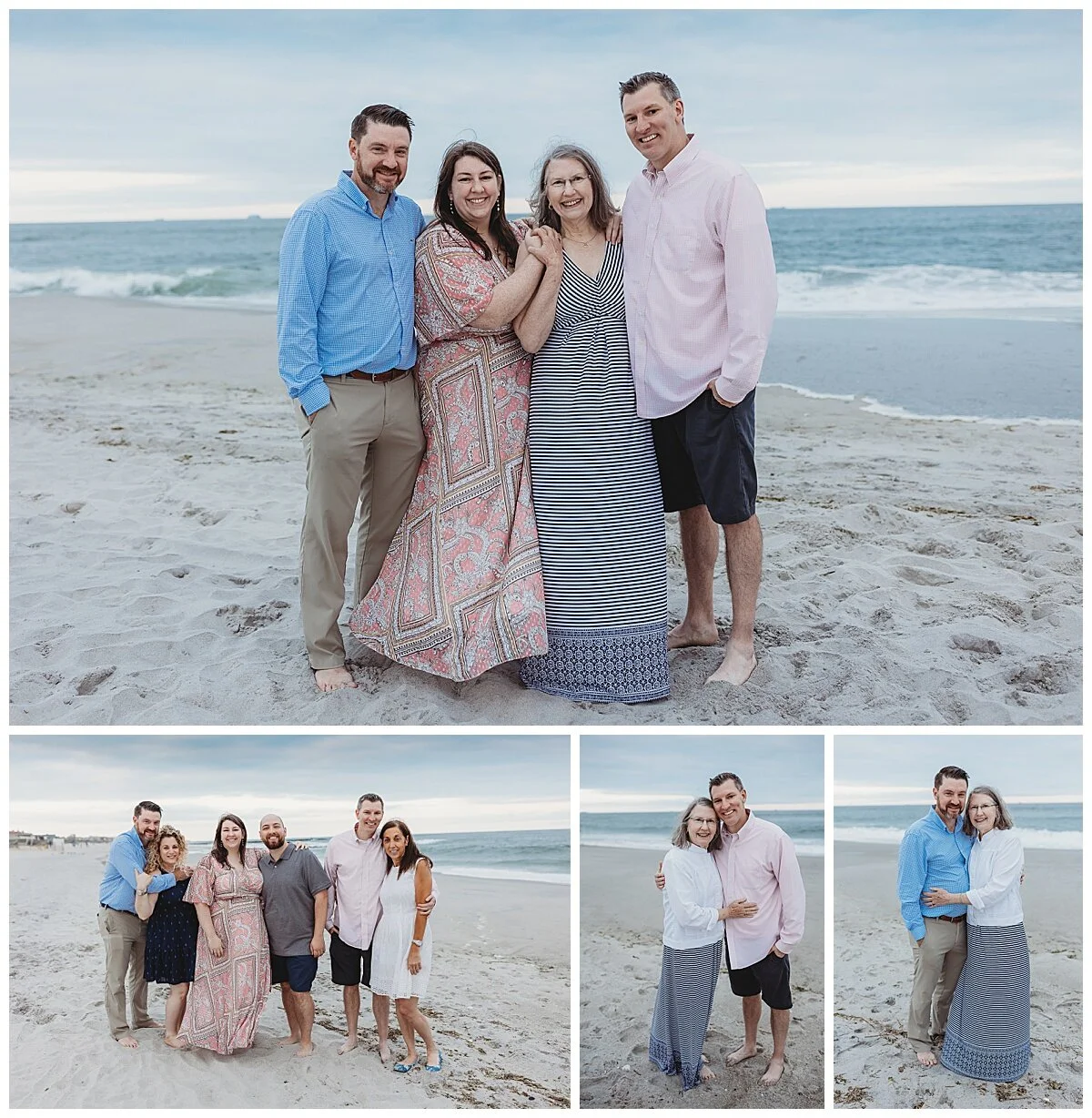 adult siblings with mom and dad during a photo session on the beach in Florida
