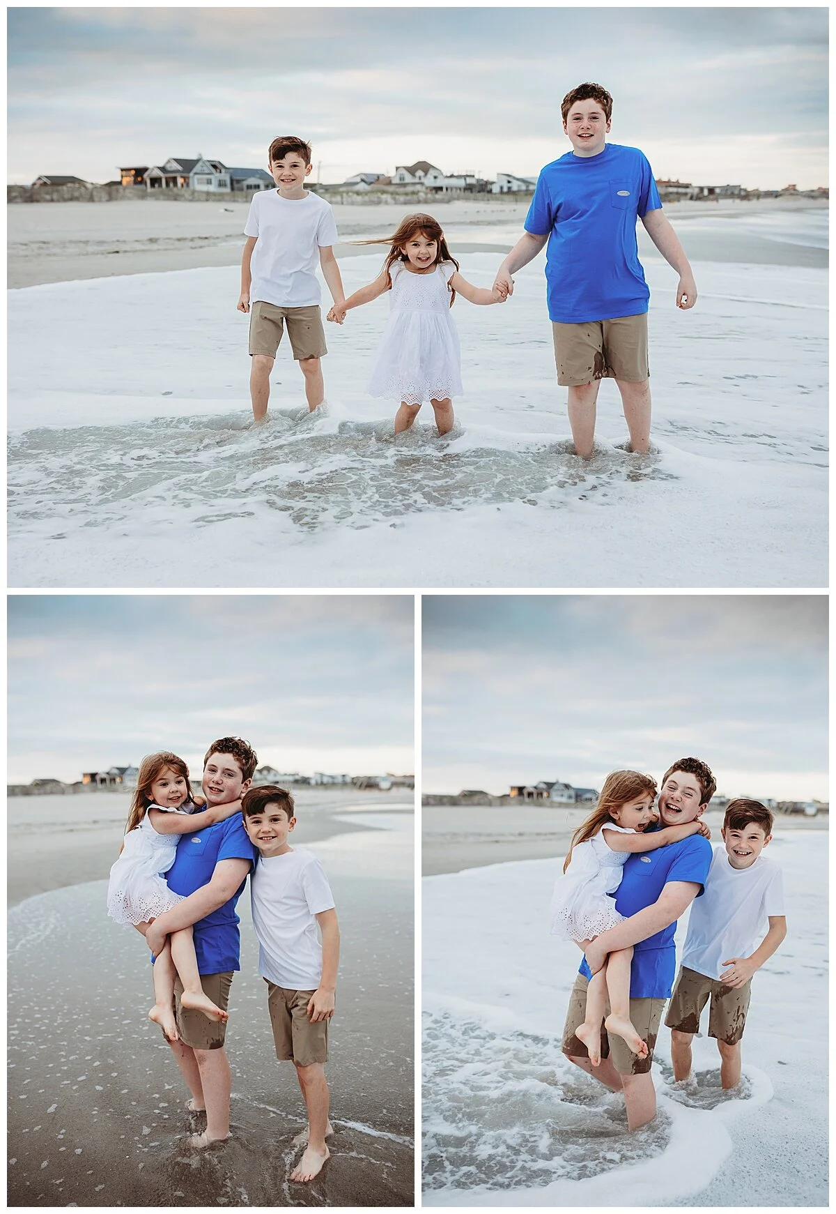 cousins playing in the ocean on a cloudy day and laughing