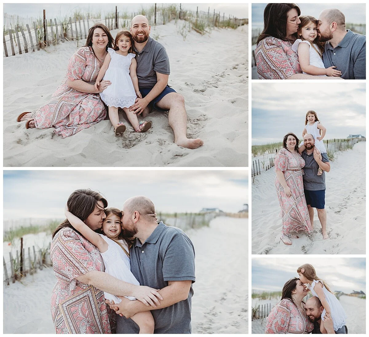 mom dressed in pink with toddler daughter and dad dressed in grey on the beach kissing daughter and laughing