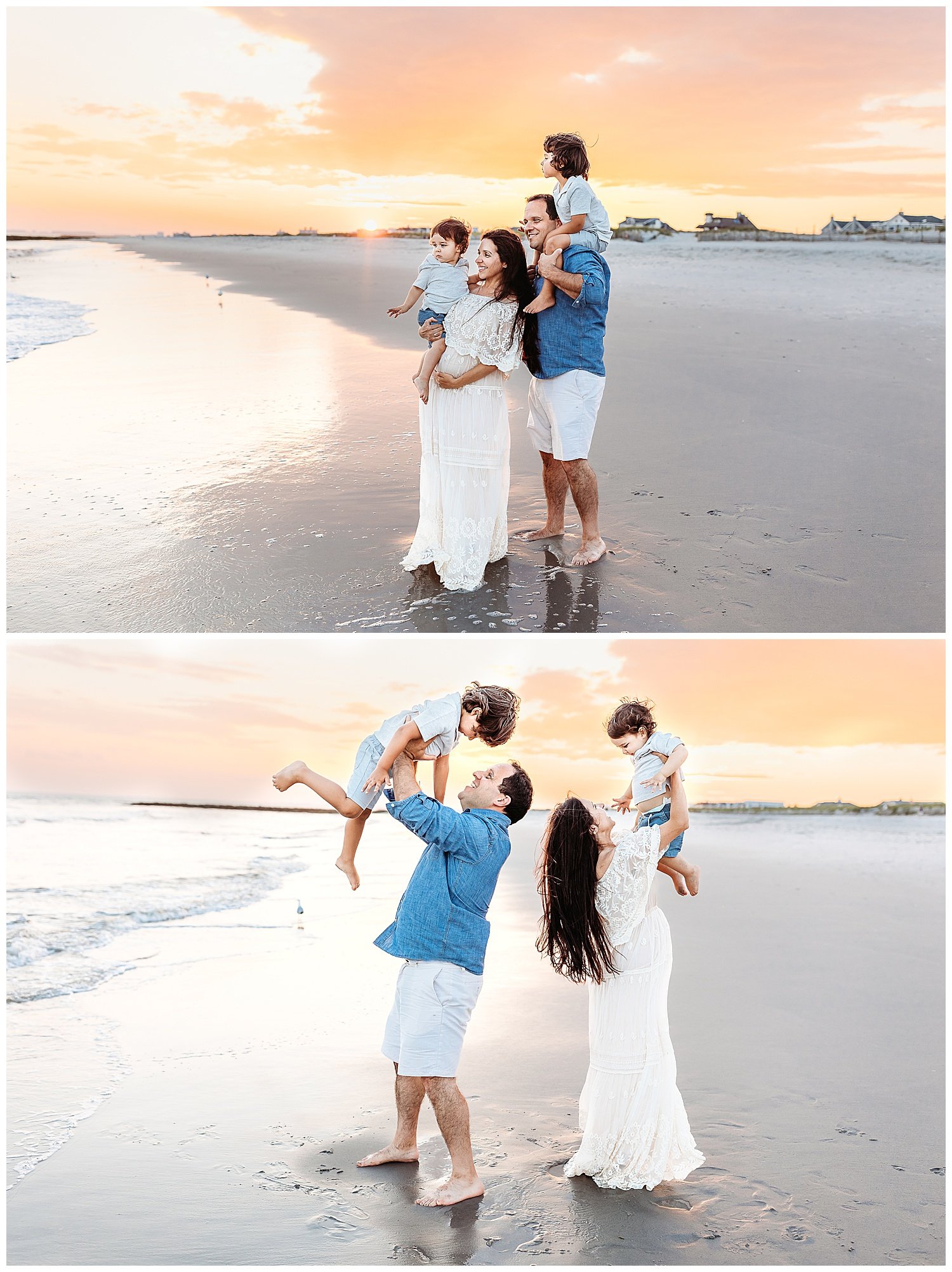 family standing at ocean shore on st augustine beach with golden orange sky behind them and sunset boy on dad's shoulders mom holding pregnancy bump
