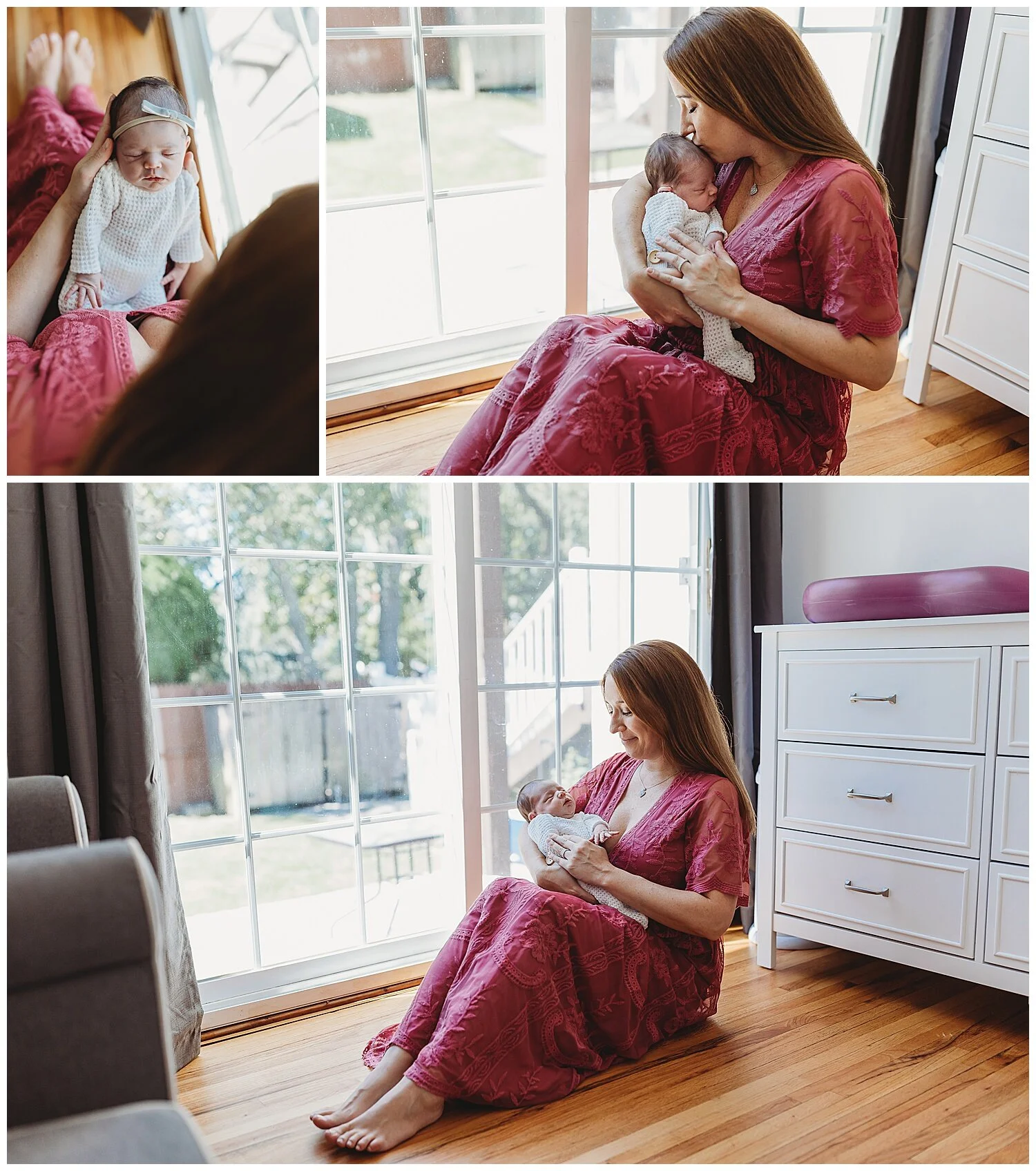 mother and newborn child photos in front of a window