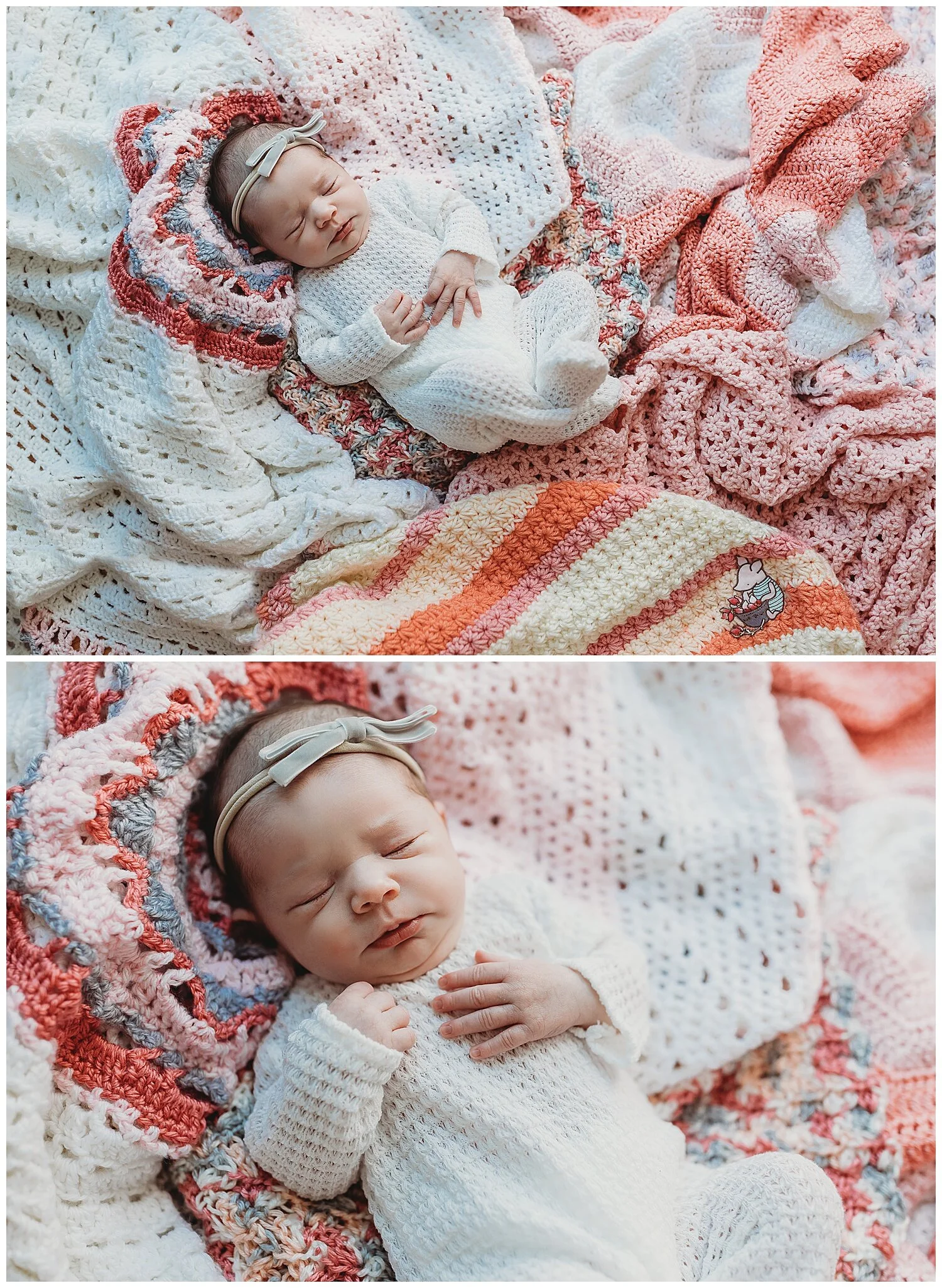 baby dressed in white jumper laying on a pi of crocheted pink, grey ad white blankets sleeping